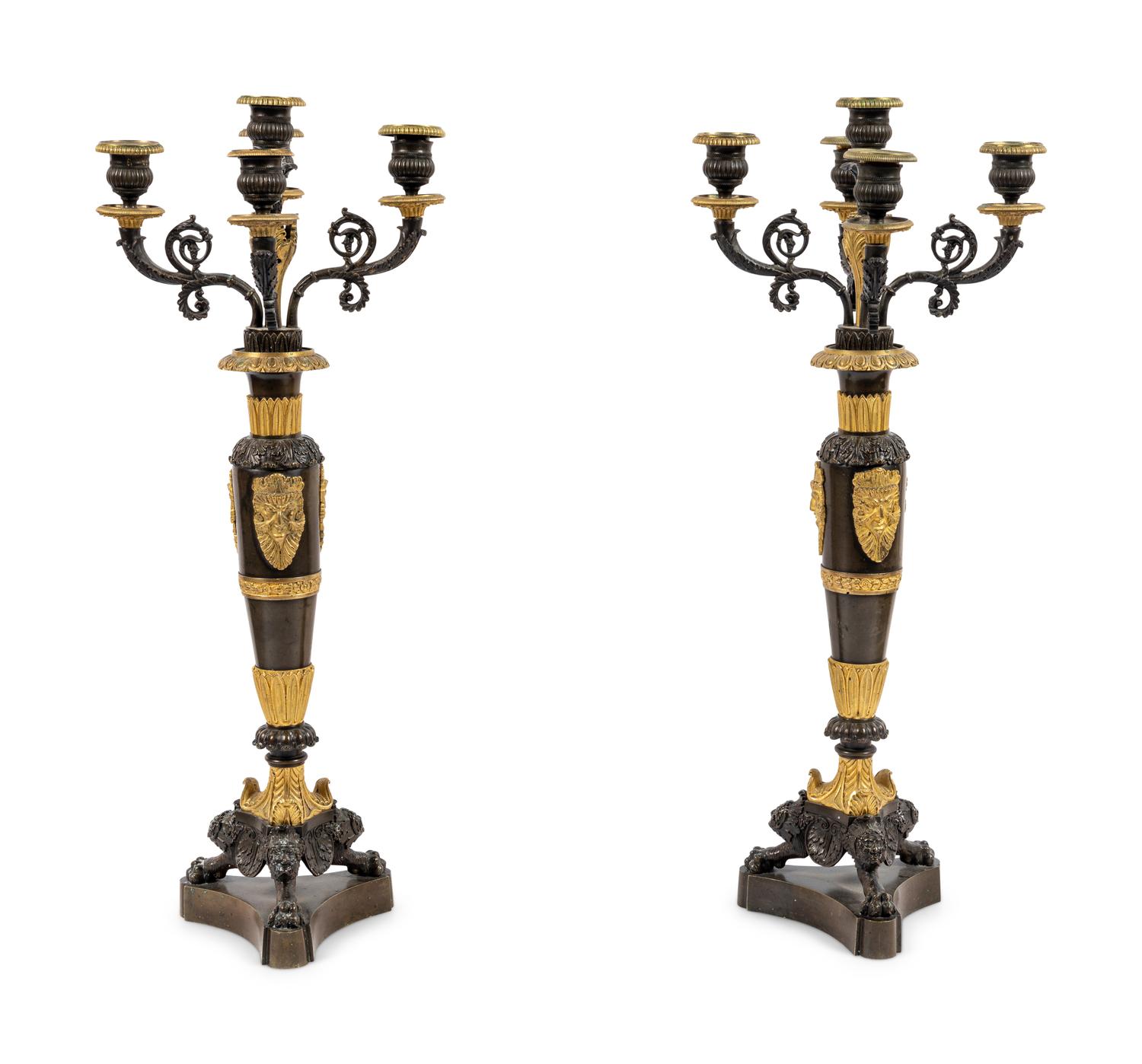A Pair of Louis Philippe Gilt and Patinated Bronze Five-Light Candelabra