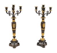 A Pair of Louis Philippe Gilt and Patinated Bronze Five-Light Candelabra
