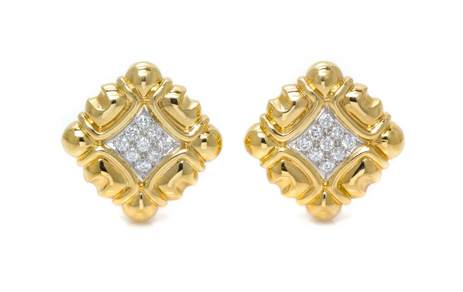 A Pair of 18 Karat Yellow Gold, Platinum and Diamond Earclips, Chaavae, 19.90 dwts.