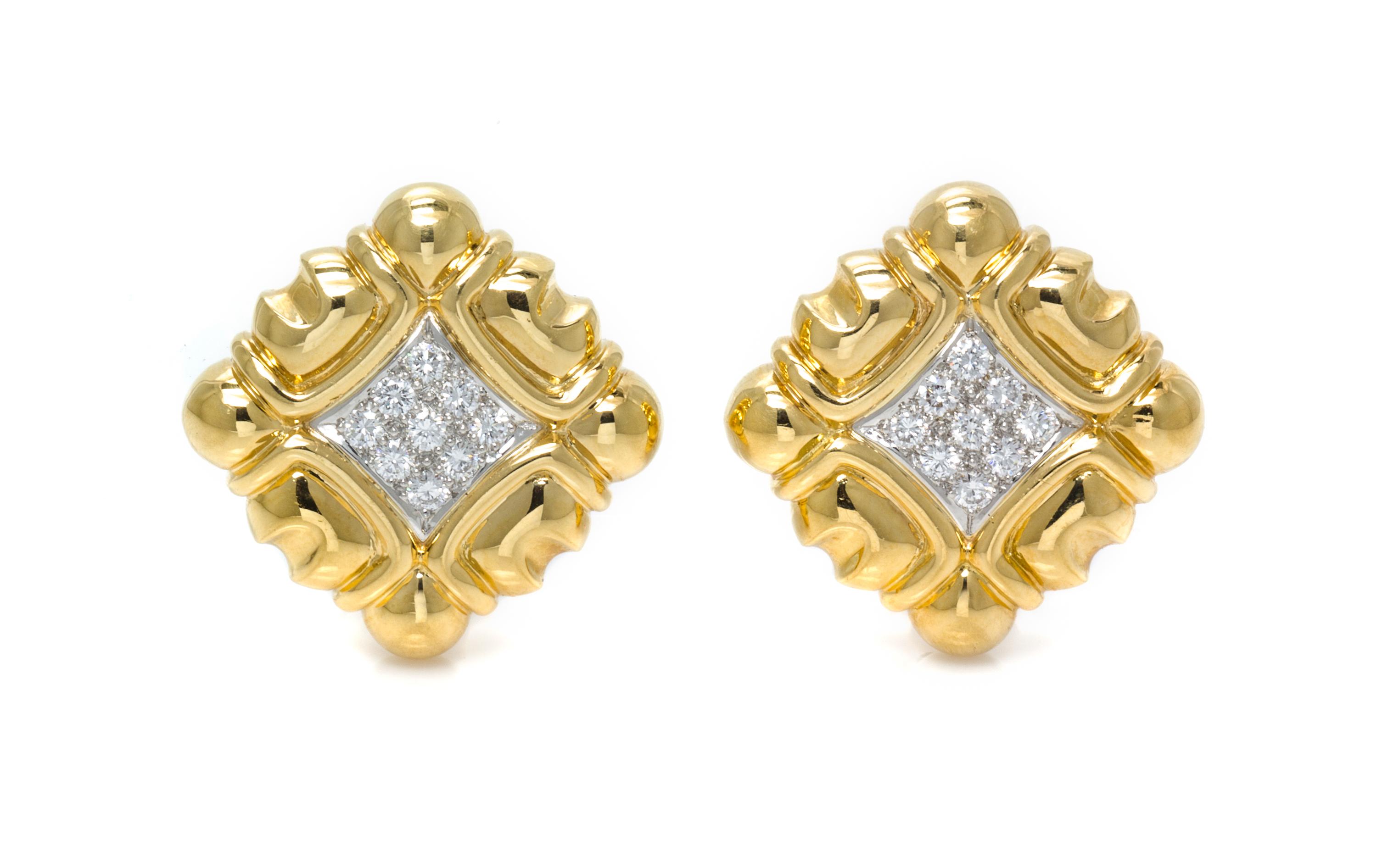 A Pair of 18 Karat Yellow Gold, Platinum and Diamond Earclips, Chaavae, 19.90 dwts.