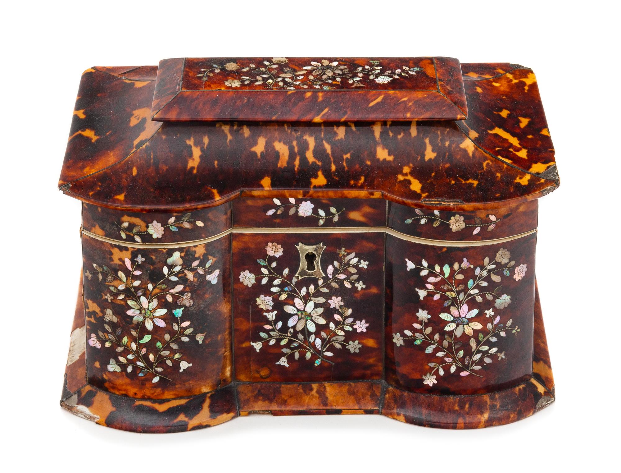 An English Mother-of-Pearl Inlaid Tortoise Shell Tea Caddy Height 4 3/4 x width 7 7/8 inches. — 19TH CENTURY
