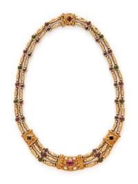 YELLOW GOLD, MULTIGEM, AND DIAMOND NECKLACE