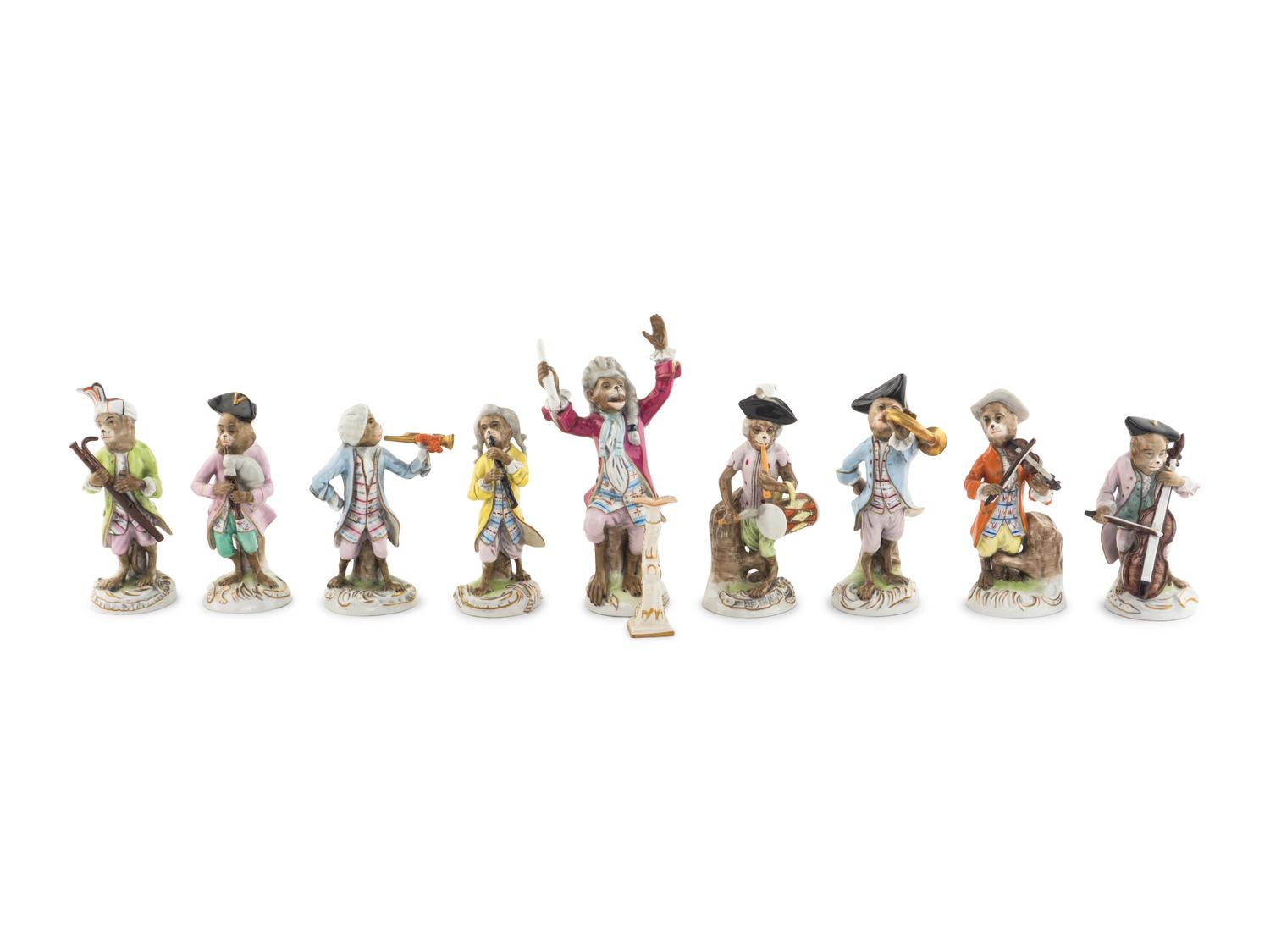 A German Porcelain Nine-Piece Monkey Orchestra