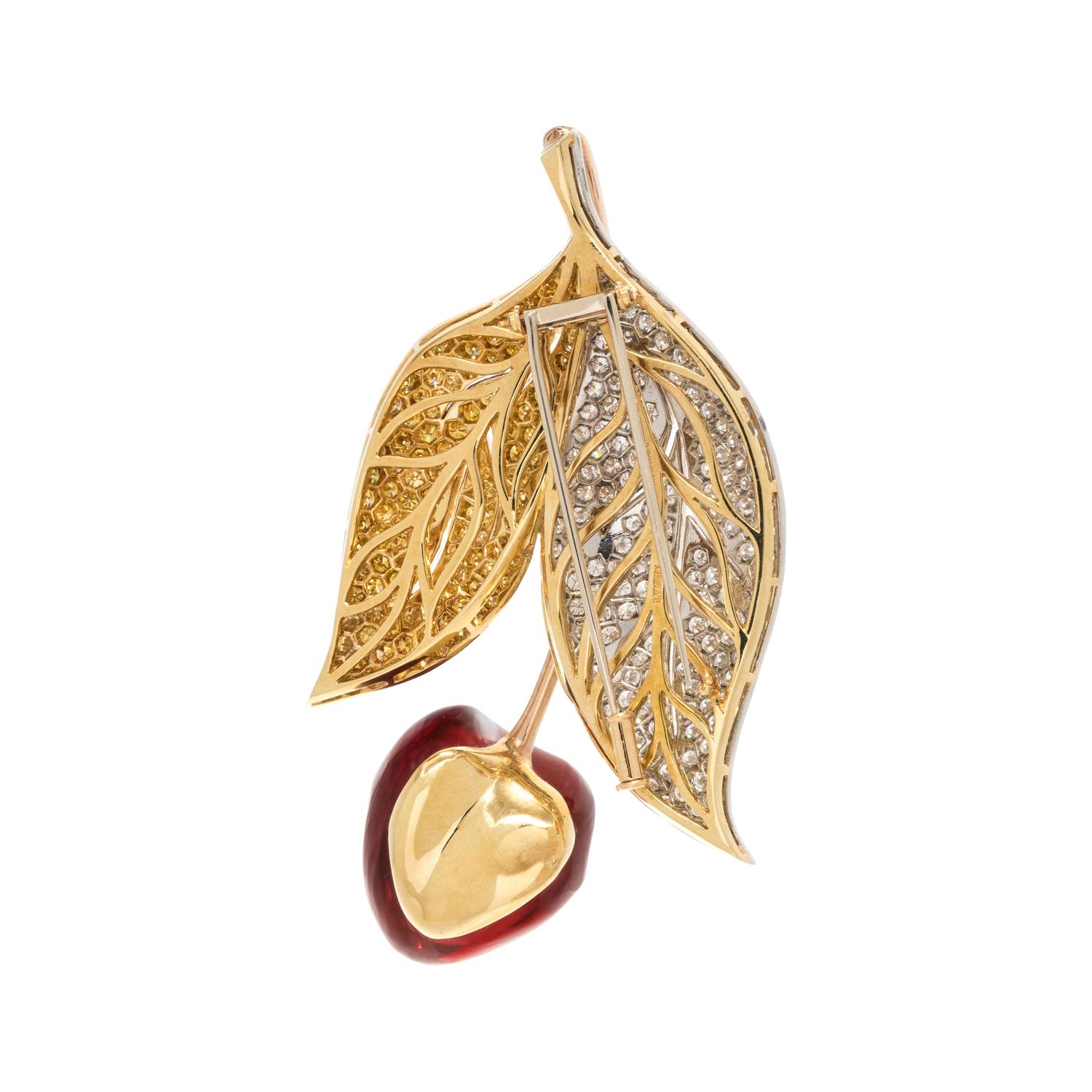 NICHOLAS VARNEY, DIAMOND, COLORED DIAMOND AND FIRE OPAL CHERRY BROOCH