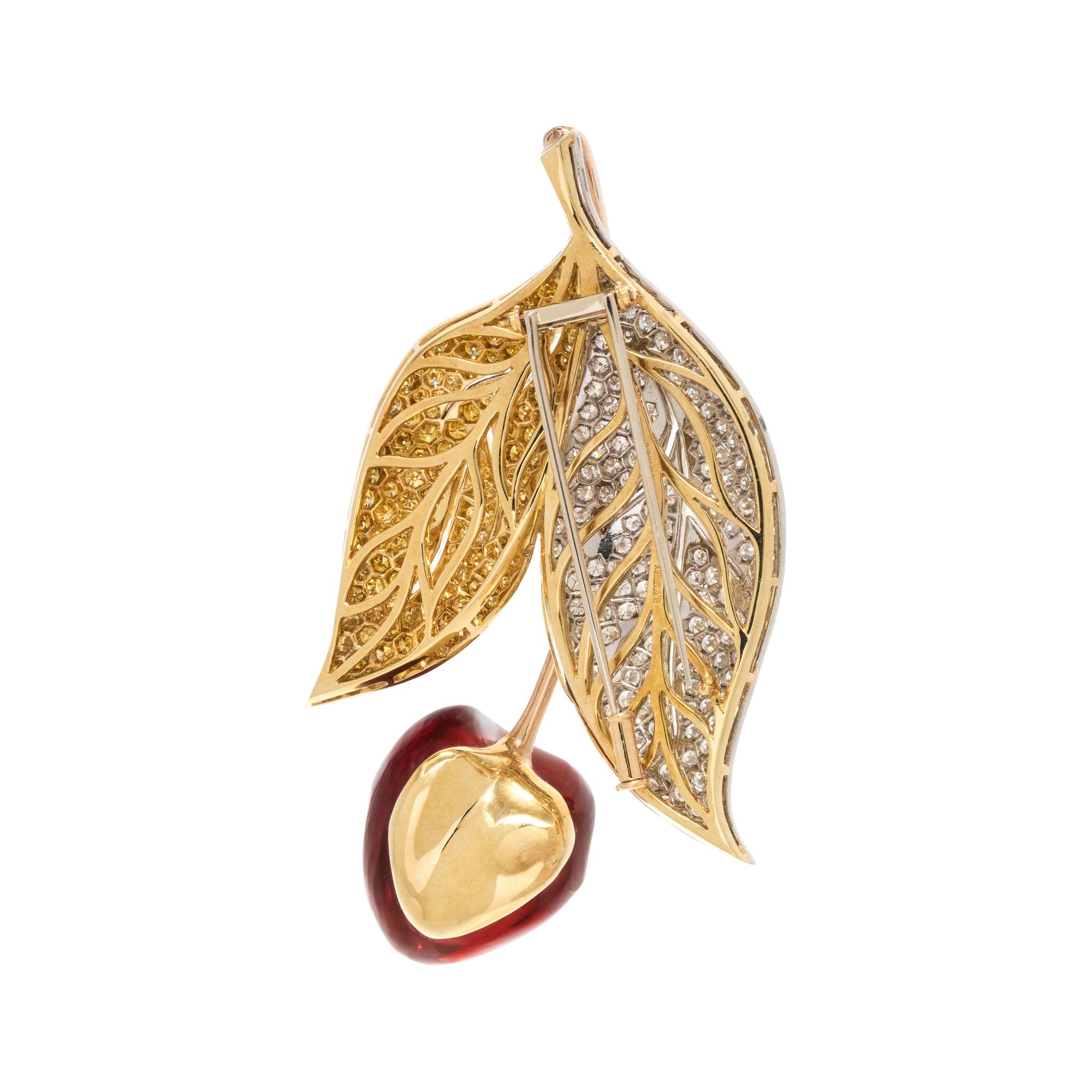 NICHOLAS VARNEY, DIAMOND, COLORED DIAMOND AND FIRE OPAL CHERRY BROOCH