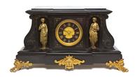 A French Slate and Gilt Bronze Mantel Clock, Height 10 3/4 x width 20 5/8 x depth 10 1/2 inches.