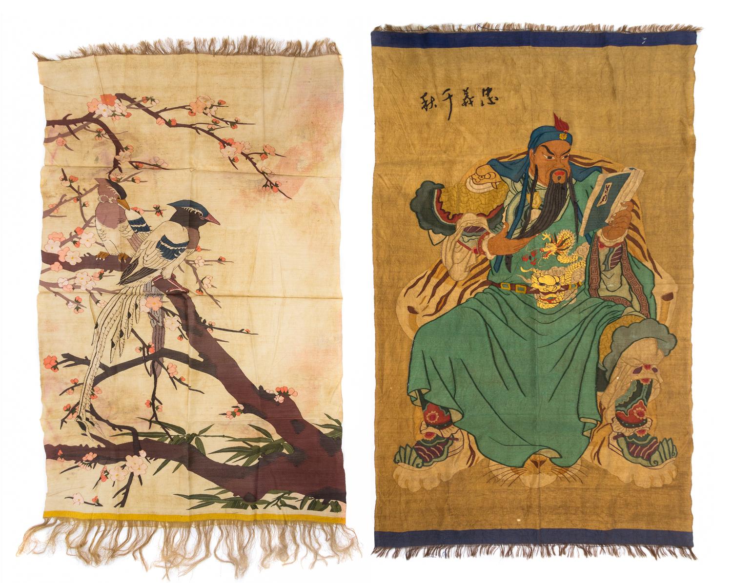Two Silk Kesi Panels Height of larger 32 3/4 x width 15 1/2 inches.