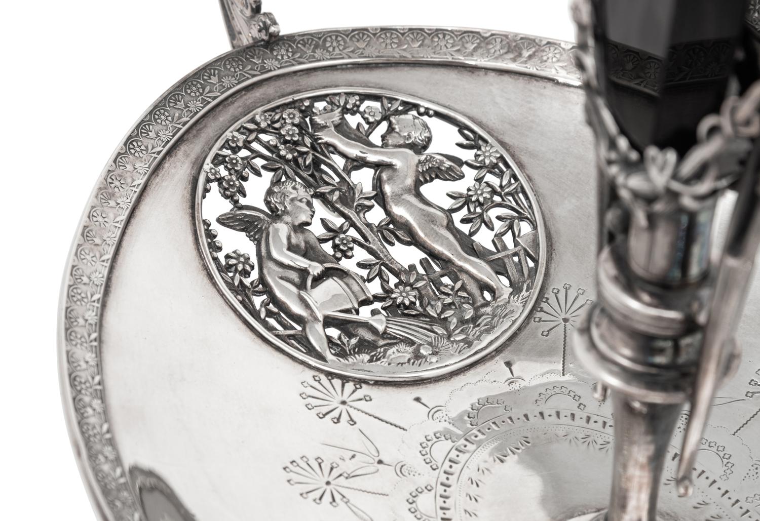 A Victorian Silver-Plate and Enameled Glass Epergne