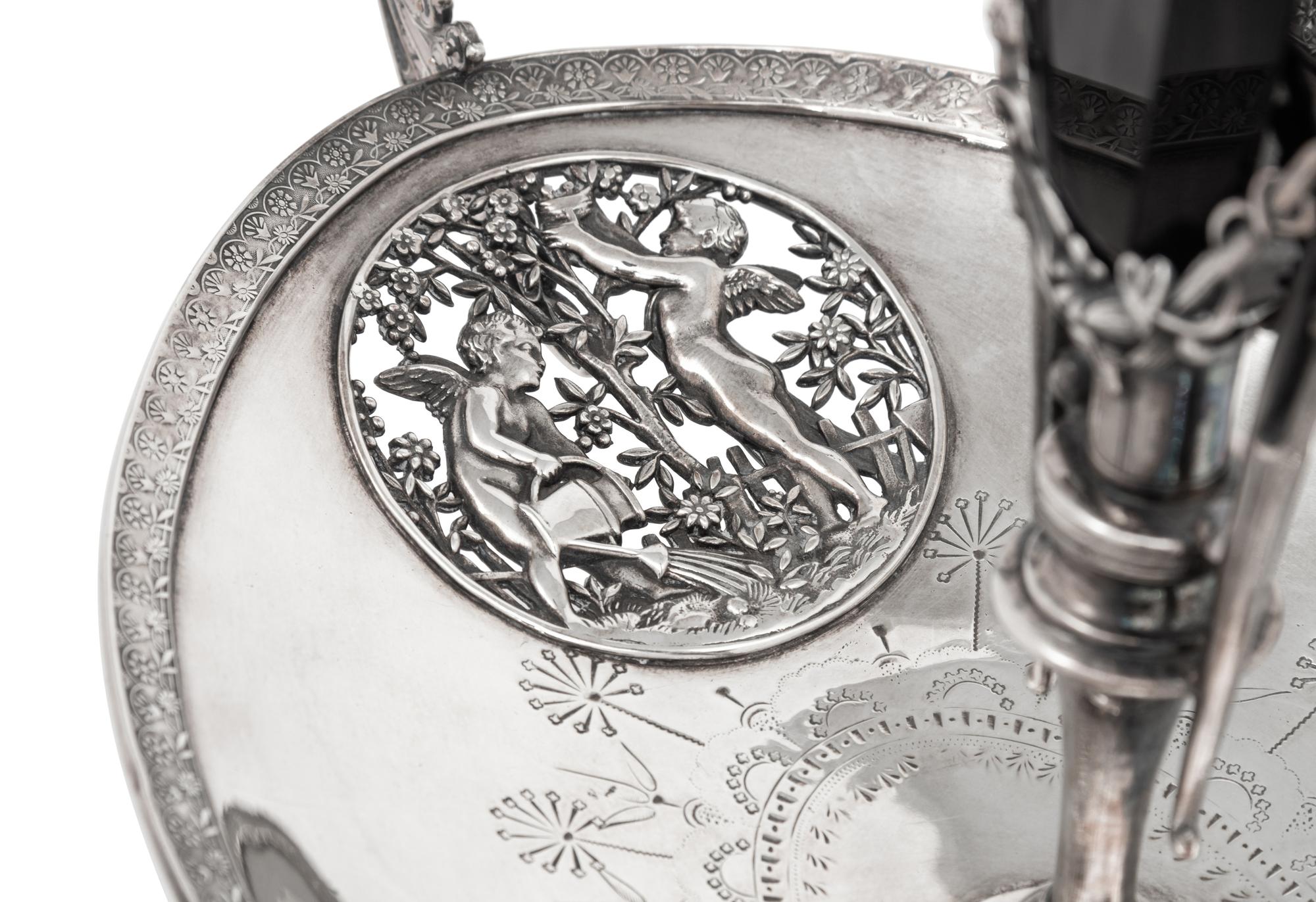 A Victorian Silver-Plate and Enameled Glass Epergne