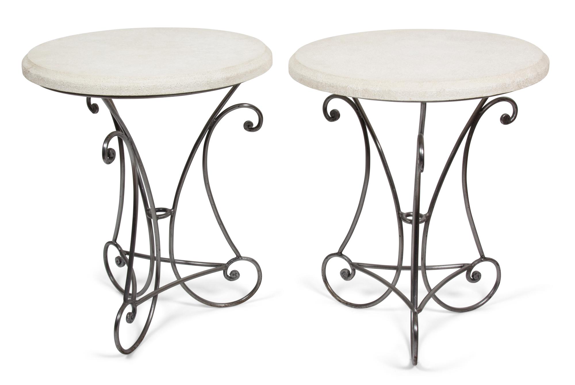 A Pair of Composition and Silvered Metal Occasional Tables Height 29 x diameter 24 inches. — 20TH CENTURY