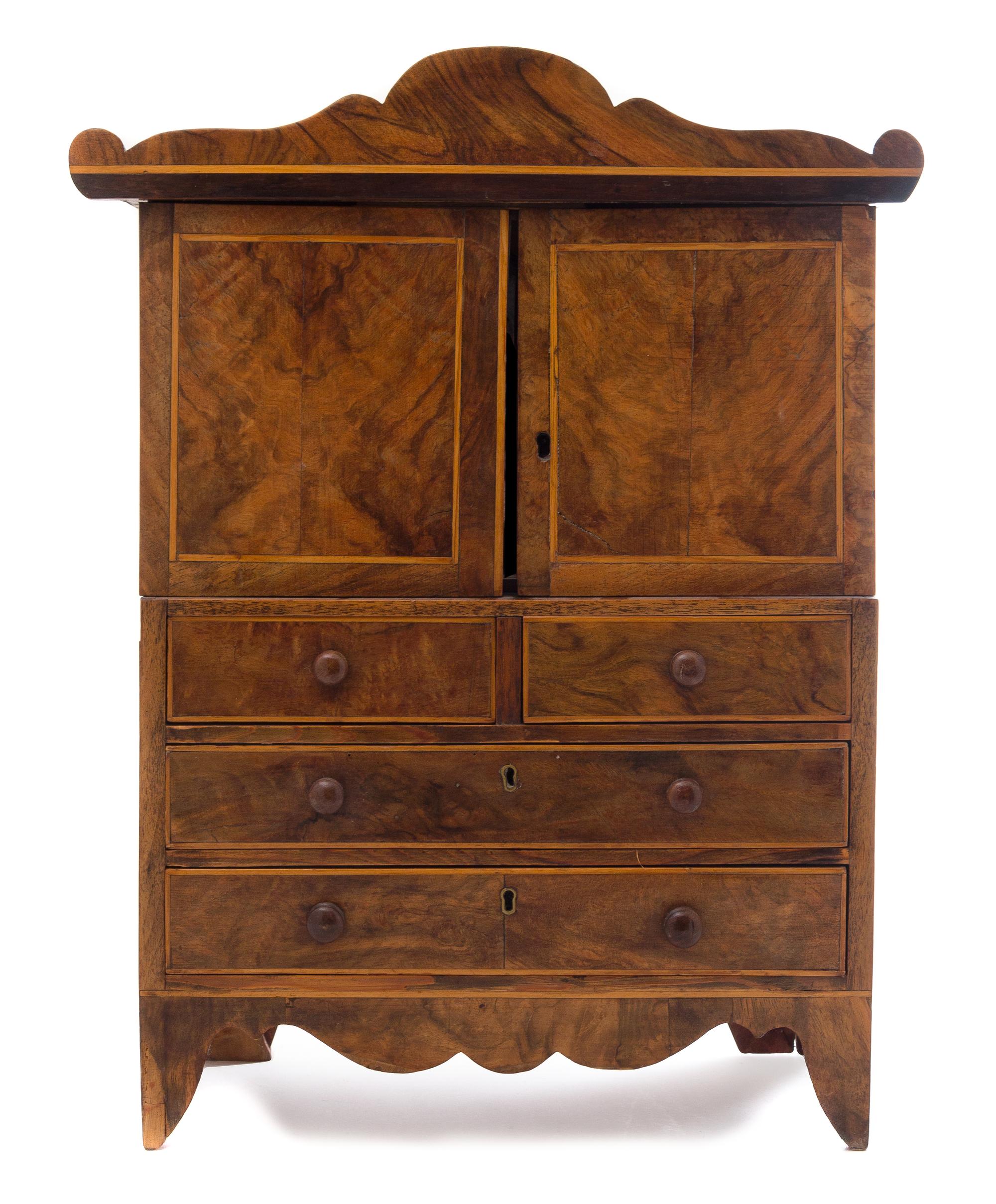 A Diminutive Burlwood Dresser Cabinet Height 21 x width 16 1/2 x depth 7 1/2 inches. — 19TH/20TH CENTURY
