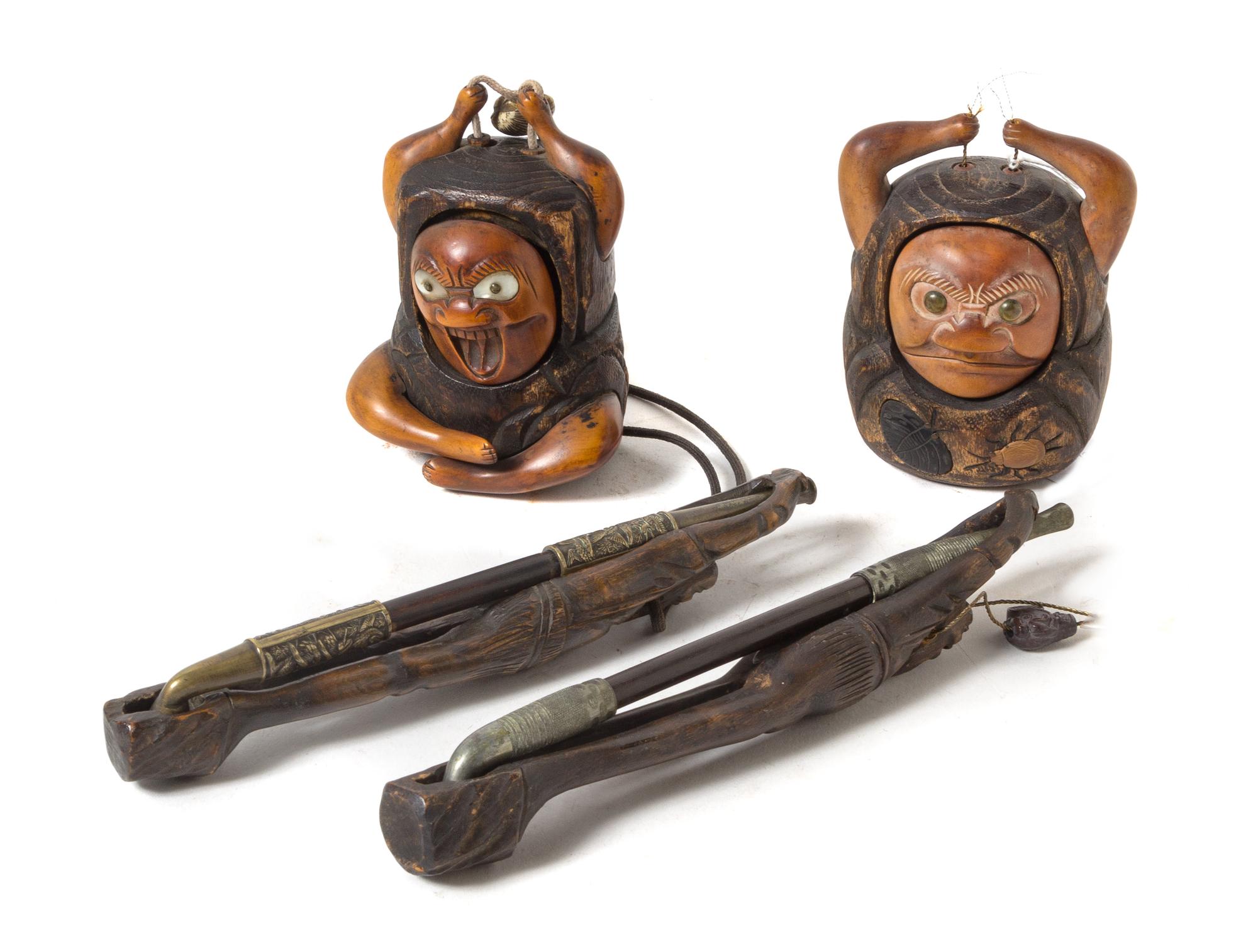 Two Carved Wood Figural Tobacco Boxes, Pipeholders and Pipes Height of tallest box 4 1/4 inches. — LIKELY 19TH CENTURY