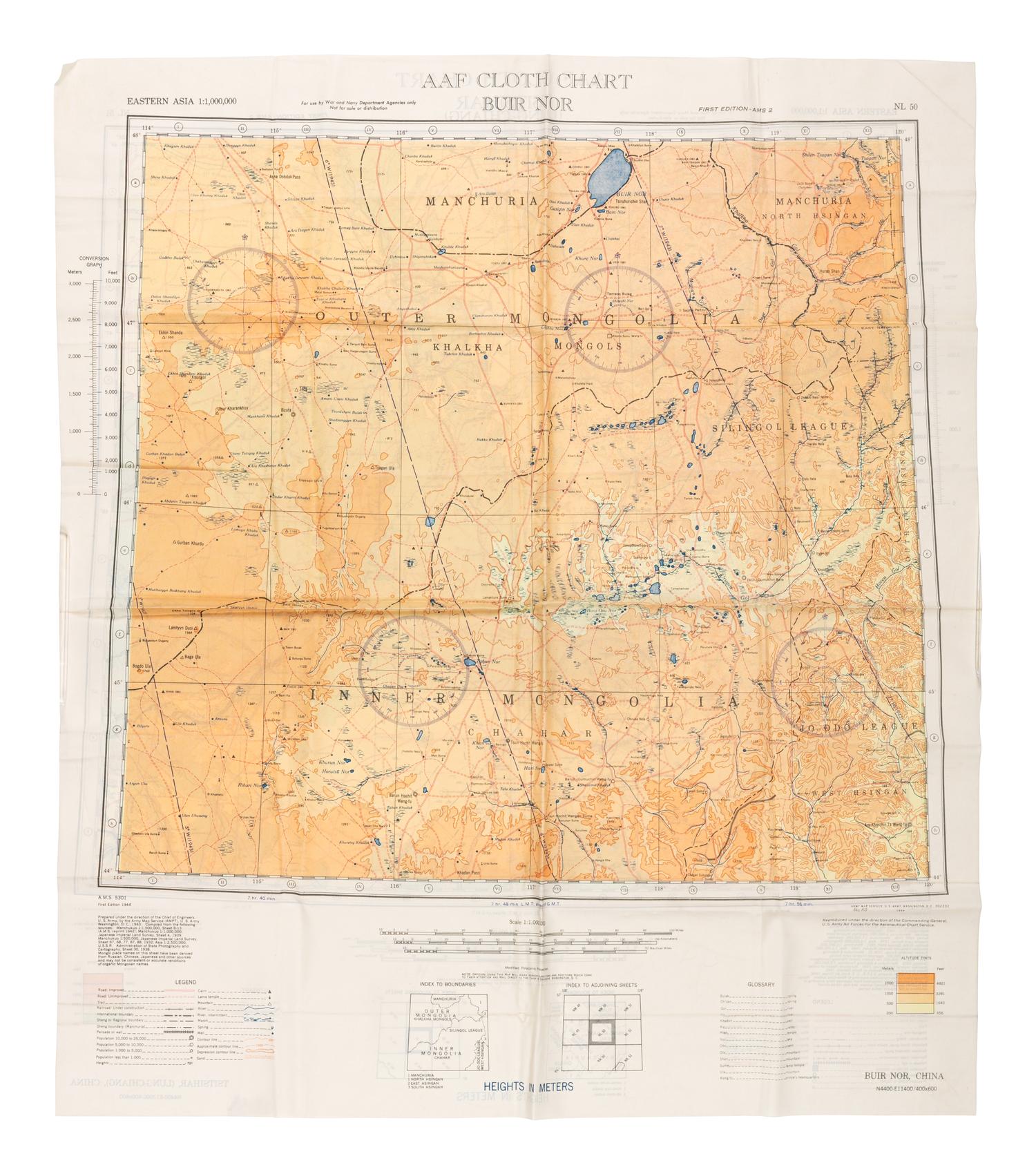 [ARMY AIR FORCE]. A group of World War II escape charts, all printed in Washington, D. C. on synthetic silk cloth, comprising: