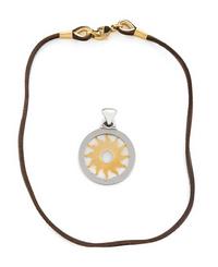 BULGARI, YELLOW GOLD AND STEEL SUN PENDANT AND BROWN LEATHER CORD