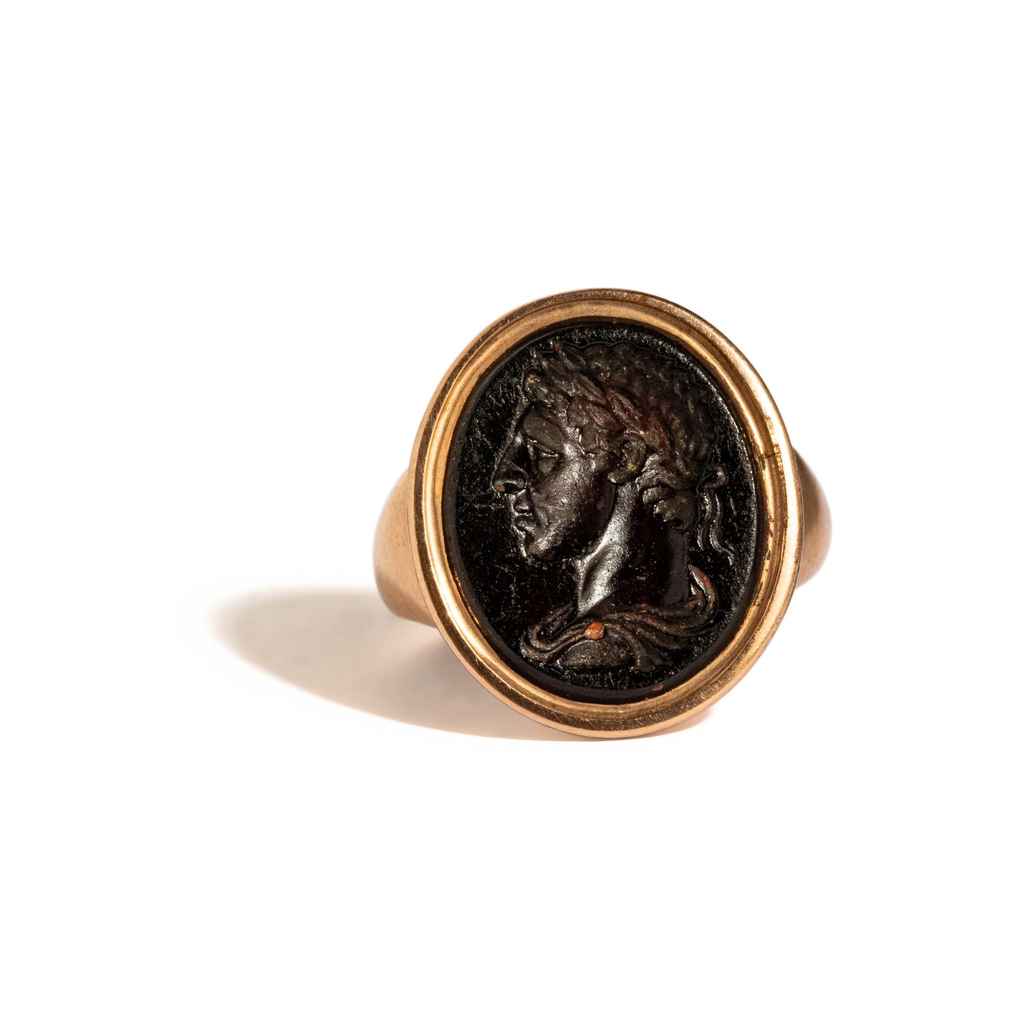 A Neoclassical Gold and Glass Finger Ring with a Portrait Head of a Roman Emperor