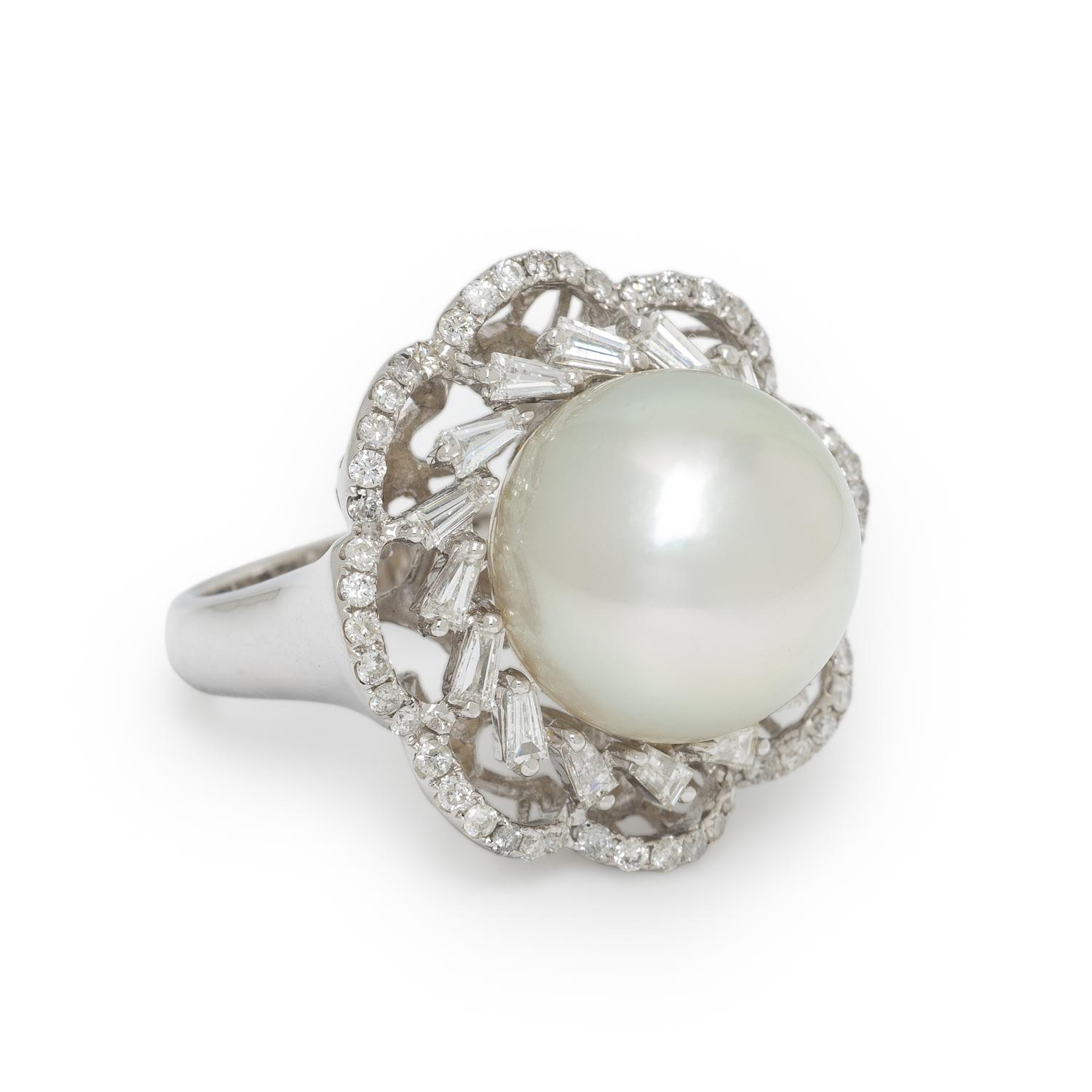 CULTURED PEARL, DIAMOND, AND WHITE GOLD RING