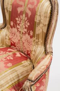 A Pair of Louis XV Silk-Upholstered and Painted Bergeres