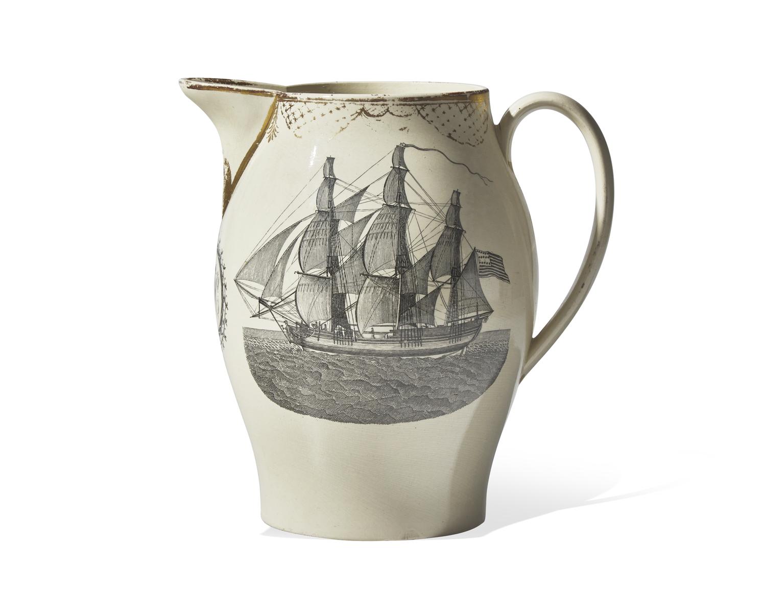 A Liverpool Gilt-Decorated and Transfer-Printed Creamware Presentation Pitcher, Early 19th Century