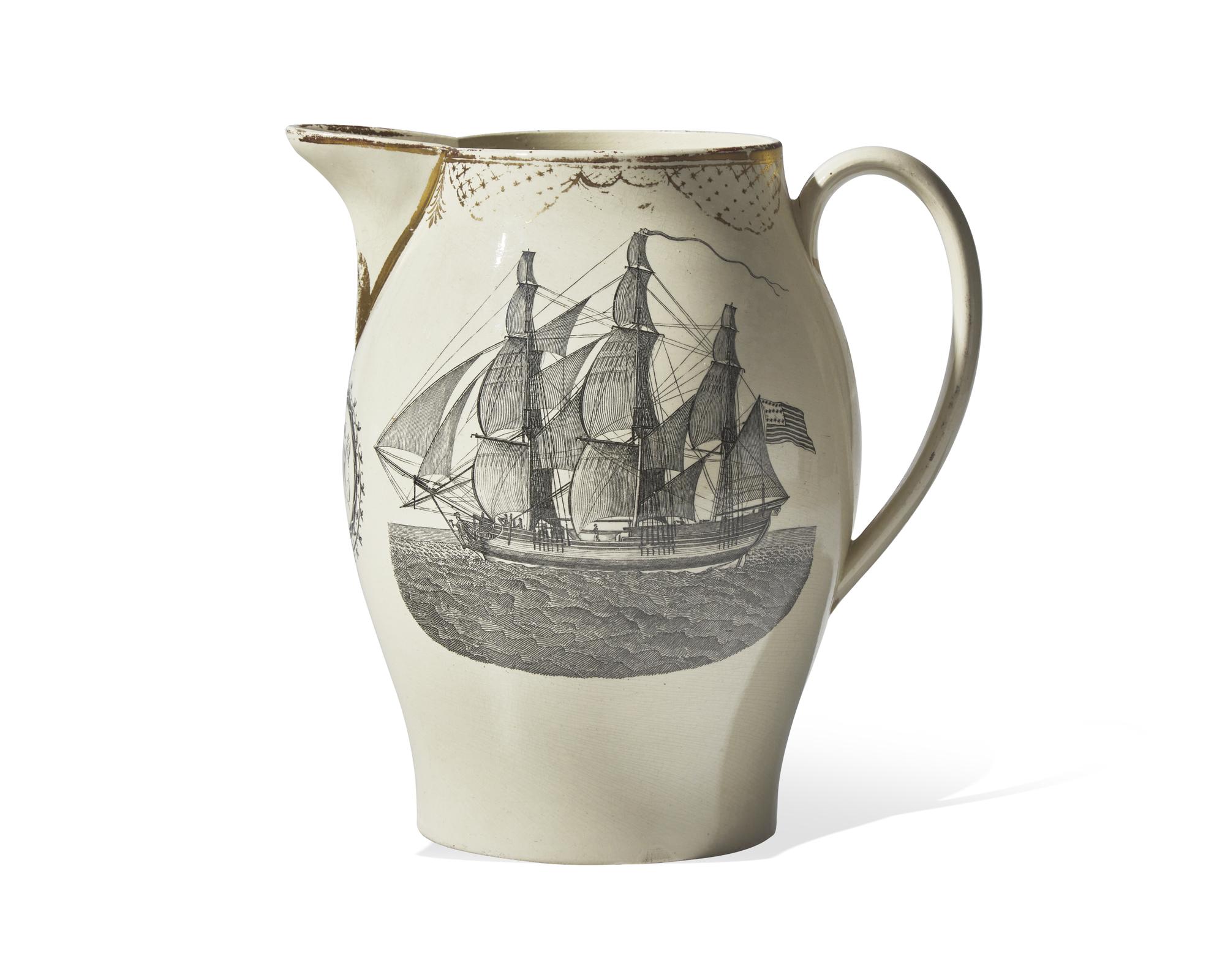 A Liverpool Gilt-Decorated and Transfer-Printed Creamware Presentation Pitcher, Early 19th Century