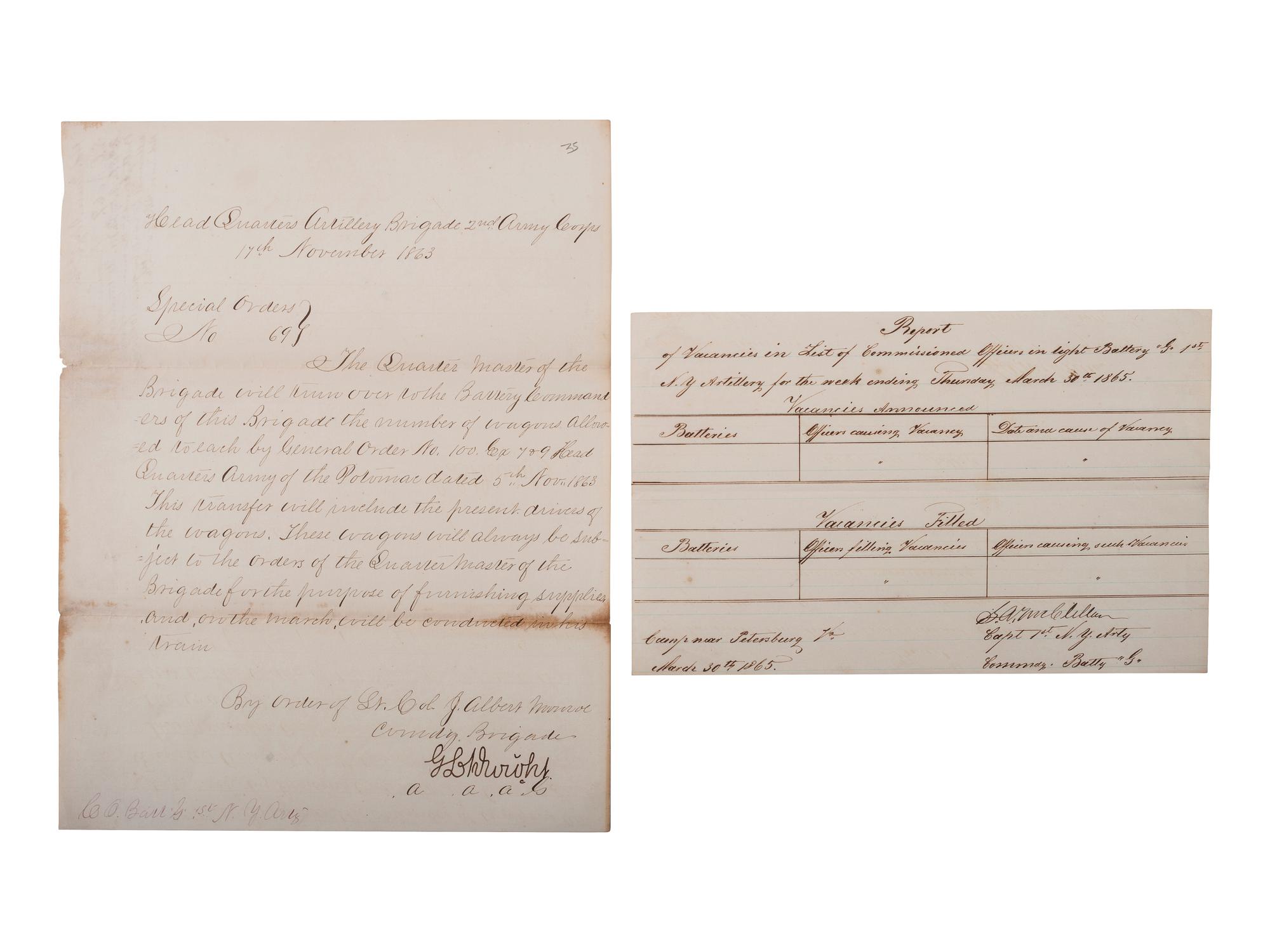 [CIVIL WAR-NEW YORK]. A group of letters and documents relating to New York regiments, comprising: