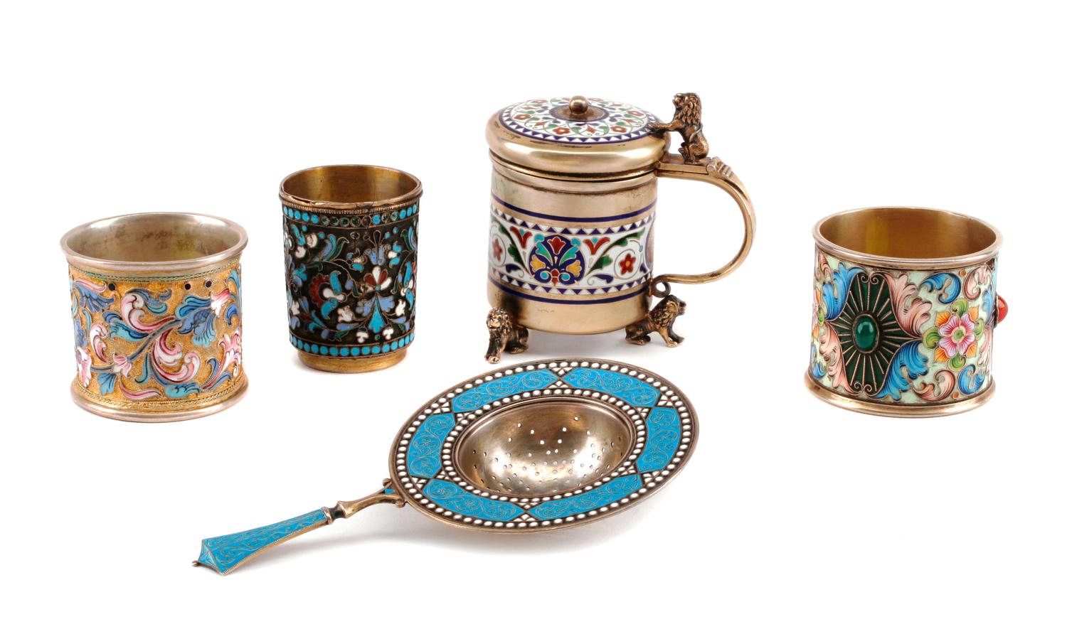 Five Enameled Silver Table Articles, Various Makers, 19th Century and Later, comprising two Russian napkin rings and a shot glass, each