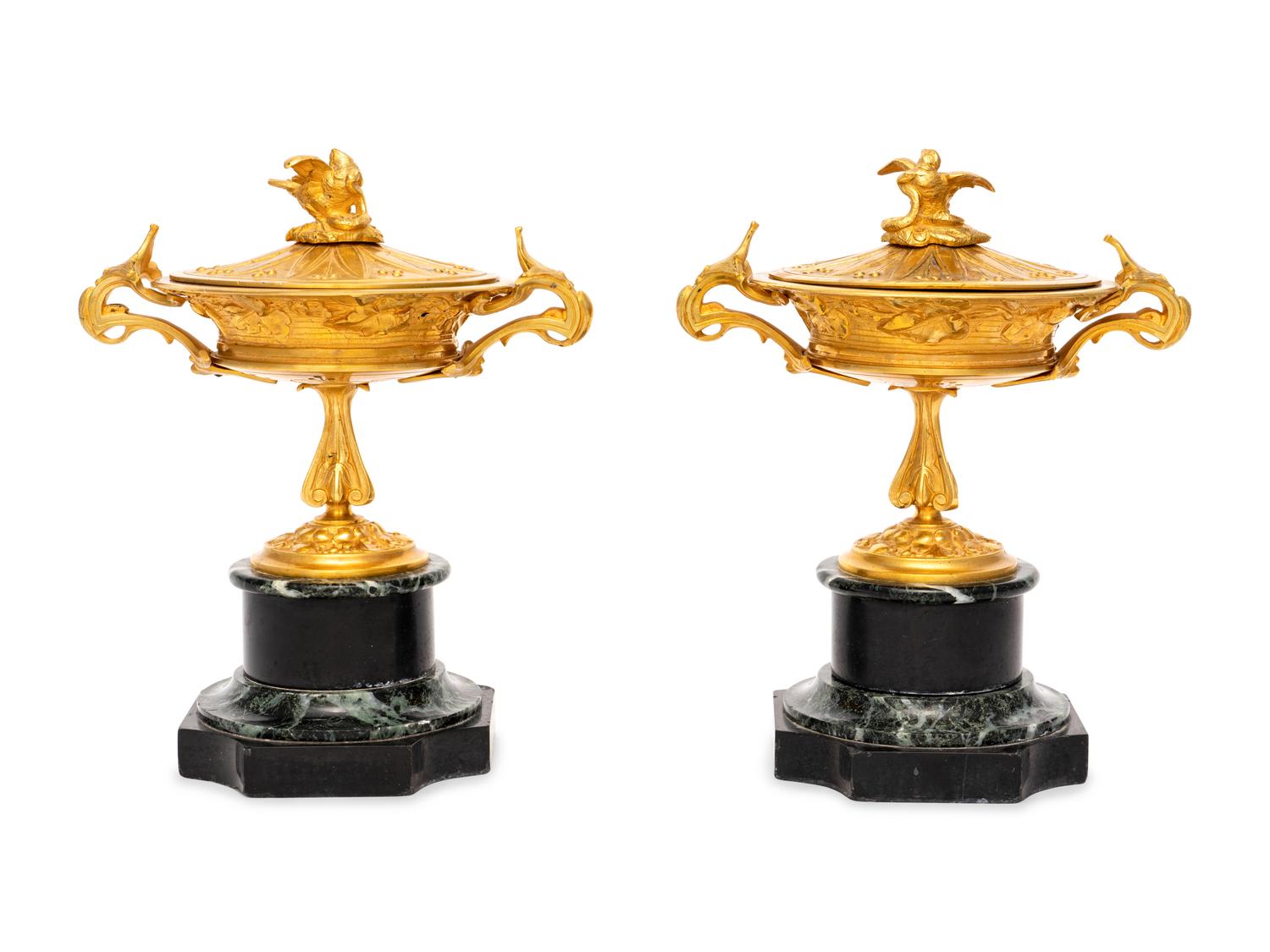 A Pair of French Gilt Bronze and Marble Urn Ornaments