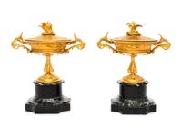 A Pair of French Gilt Bronze and Marble Urn Ornaments