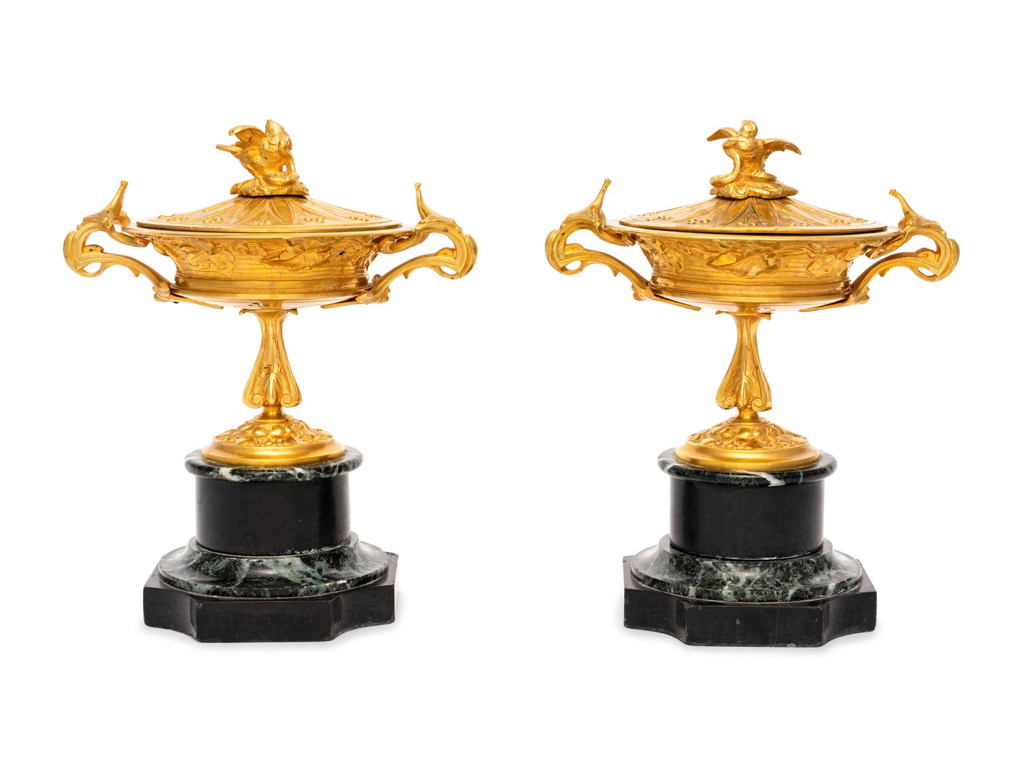 A Pair of French Gilt Bronze and Marble Urn Ornaments