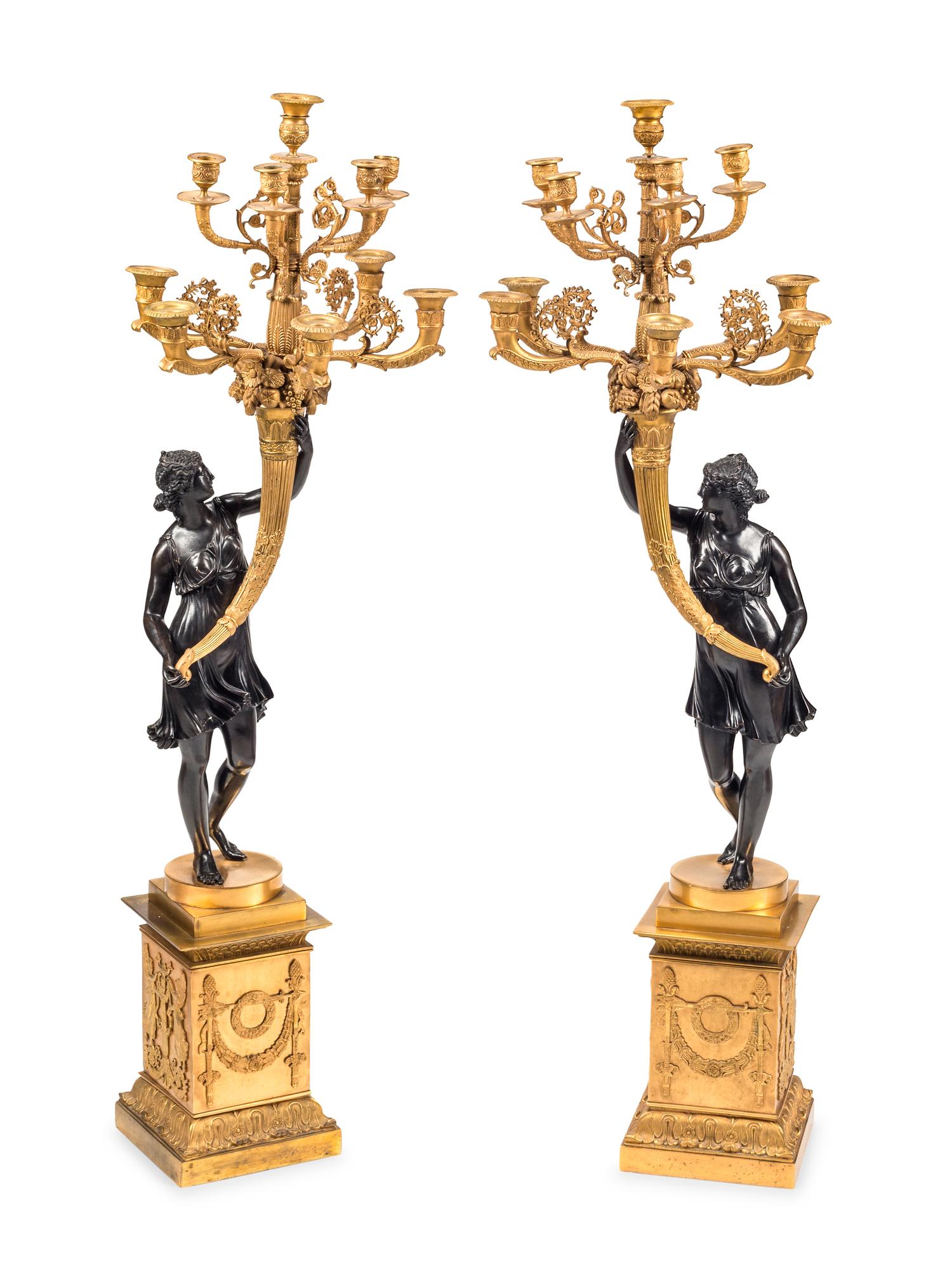 A Pair of Restauration Gilt and Patinated Bronze Figural Ten-Light Candelabra