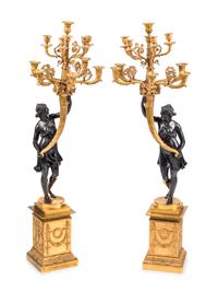 A Pair of Restauration Gilt and Patinated Bronze Figural Ten-Light Candelabra