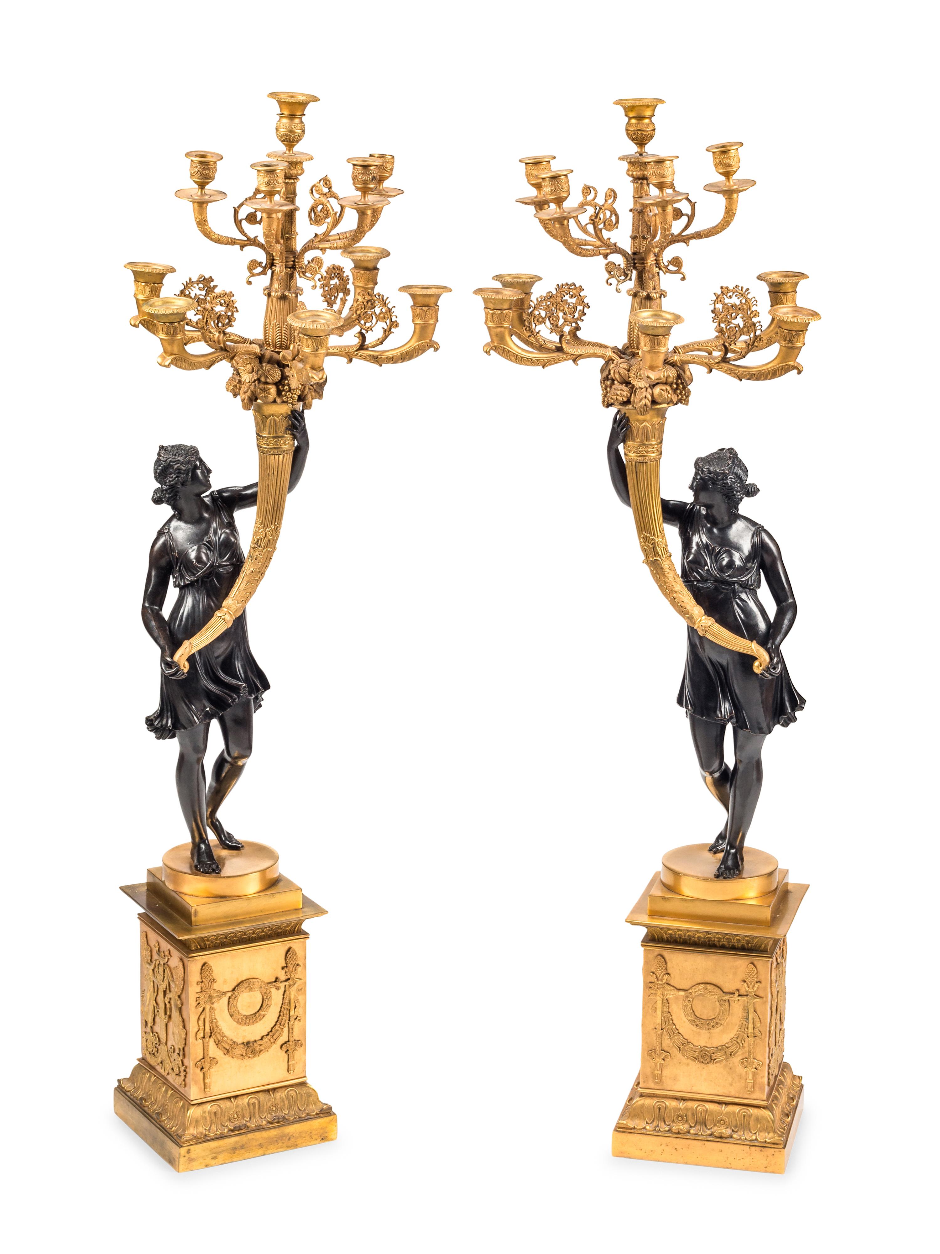 A Pair of Restauration Gilt and Patinated Bronze Figural Ten-Light Candelabra
