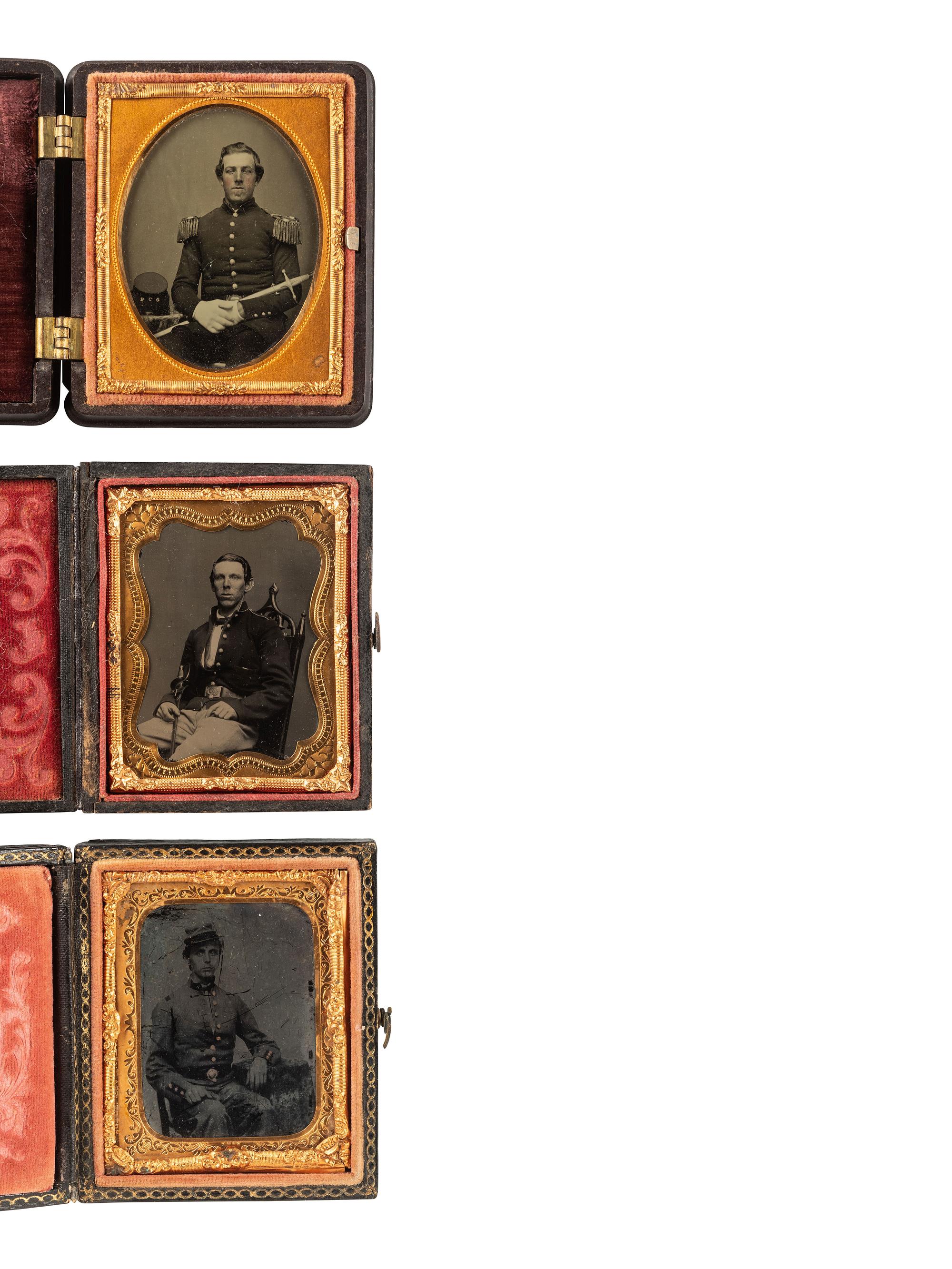 [CIVIL WAR]. 3 ninth plate ambrotypes of pre-war and early war soldiers incl. 2 armed subjects.