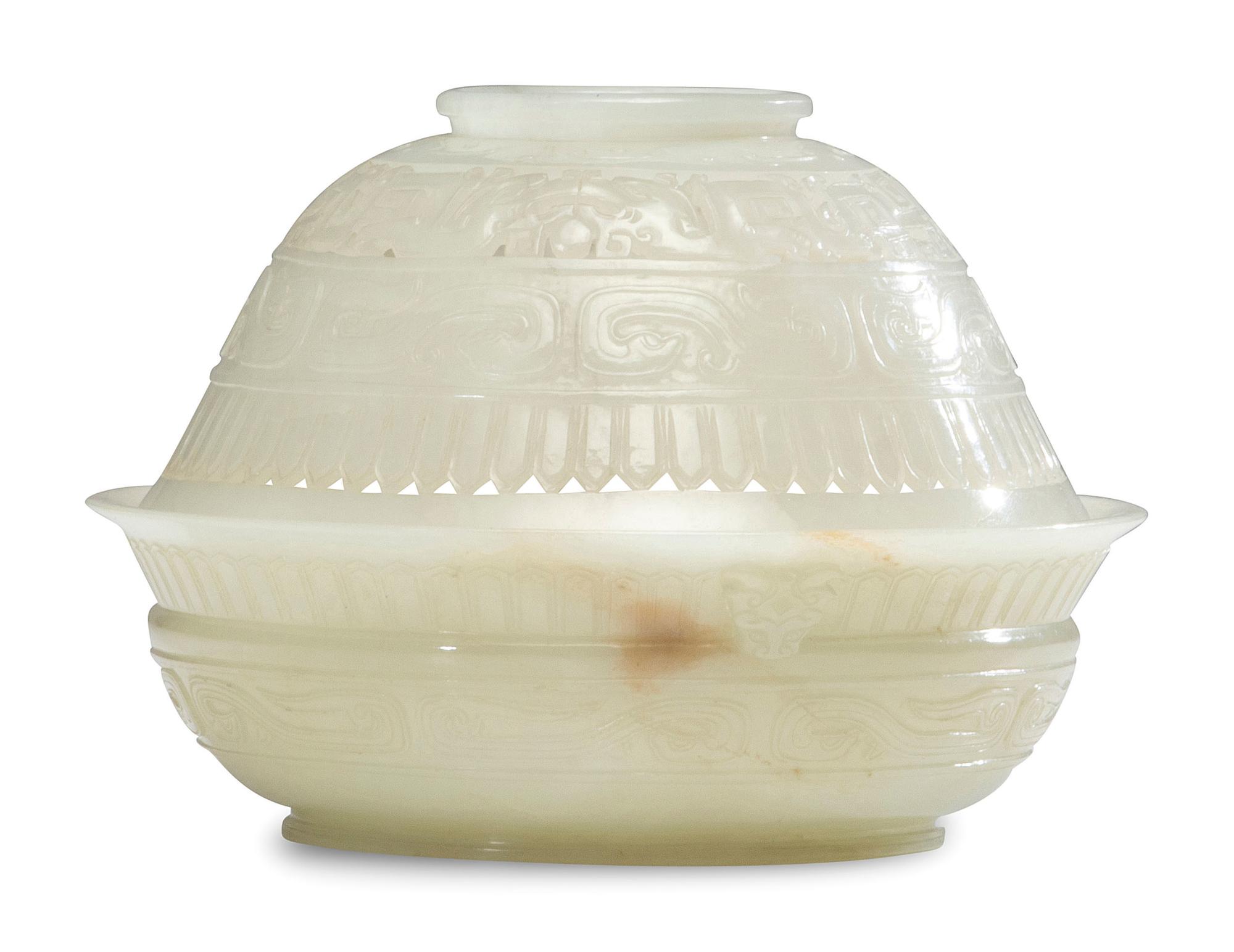 A Chinese Carved and Pierced 'Archaistic' White Jade Bowl and Cover