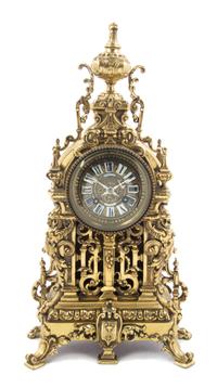 A French Gilt Bronze Mantel Clock, RETAILED BY THEODORE B. STARR, NEW YORK, MOVEMENT BY JAPY FRERES, Height 17 1/4 inches. — RETAILED BY THEODORE B. STARR, NEW YORK, MOVEMENT BY JAPY FRERES,