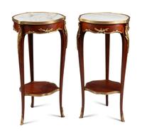 A Pair of Louis XV Style Gilt Bronze Mounted Marble-Top Tables