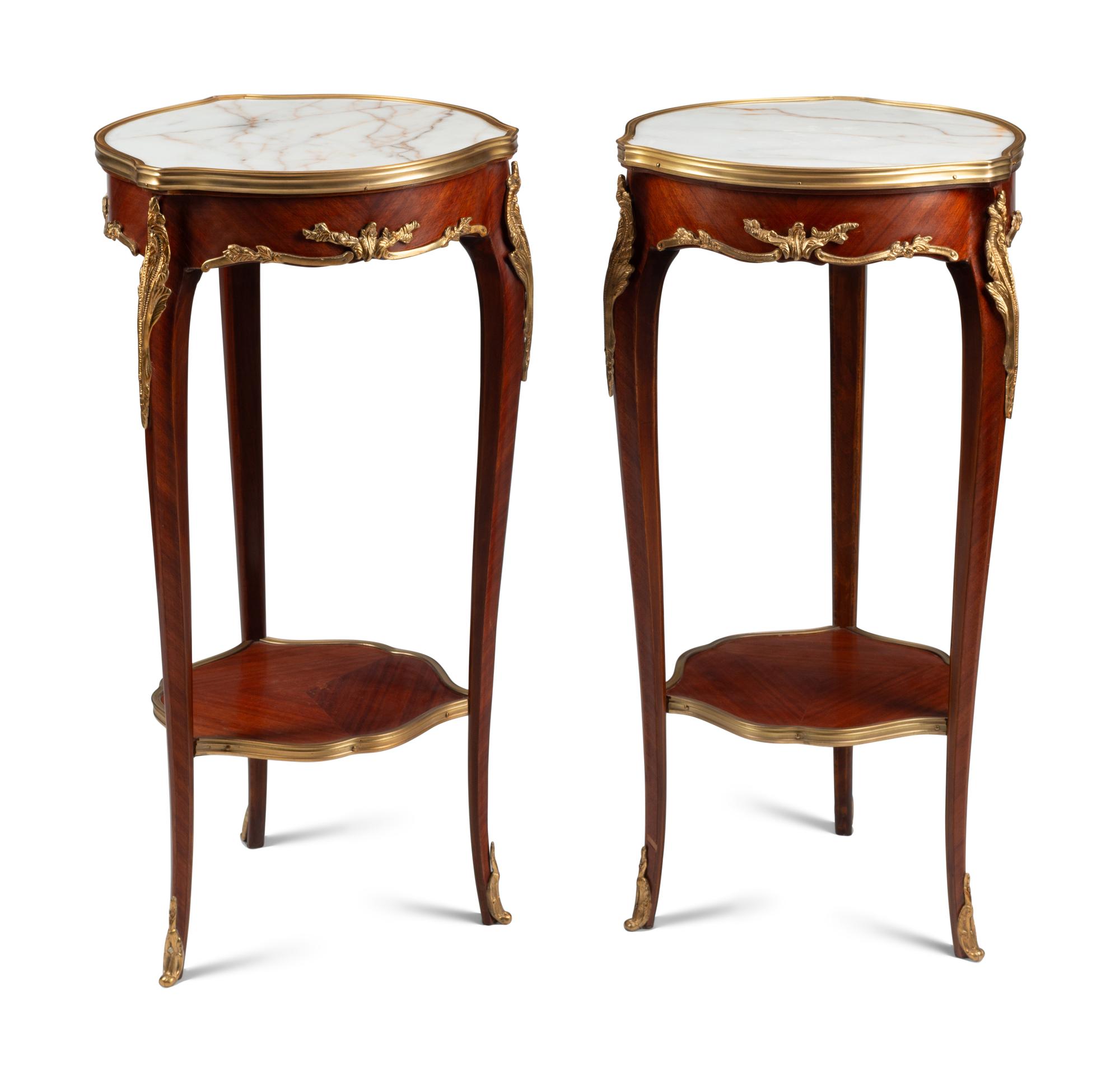 A Pair of Louis XV Style Gilt Bronze Mounted Marble-Top Tables