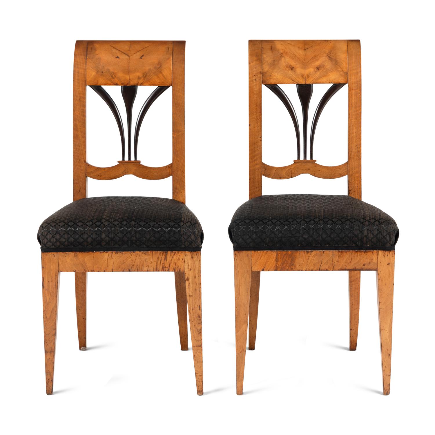 A Pair of Biedermeier Part Ebonized Burl Walnut Side Chairs
