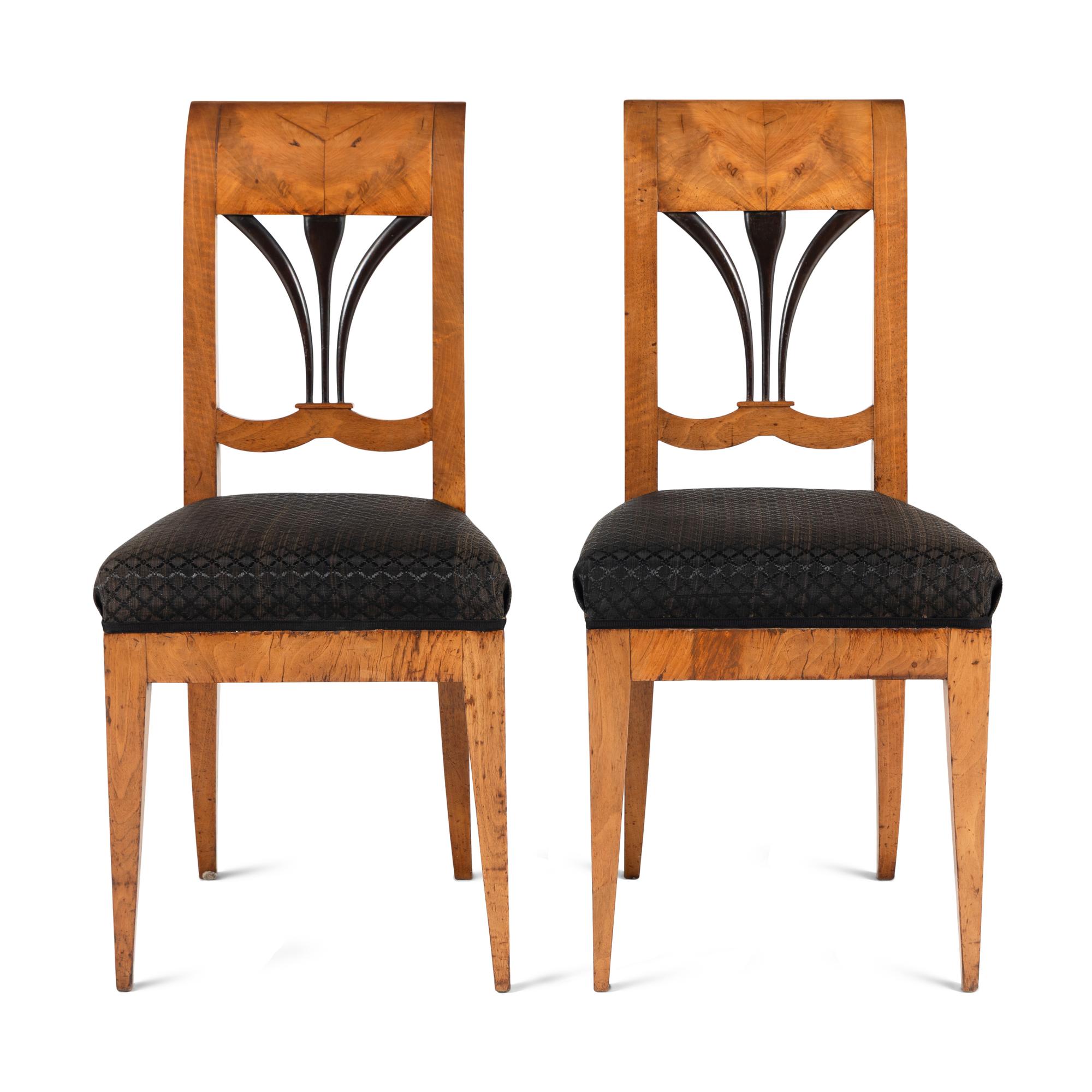 A Pair of Biedermeier Part Ebonized Burl Walnut Side Chairs
