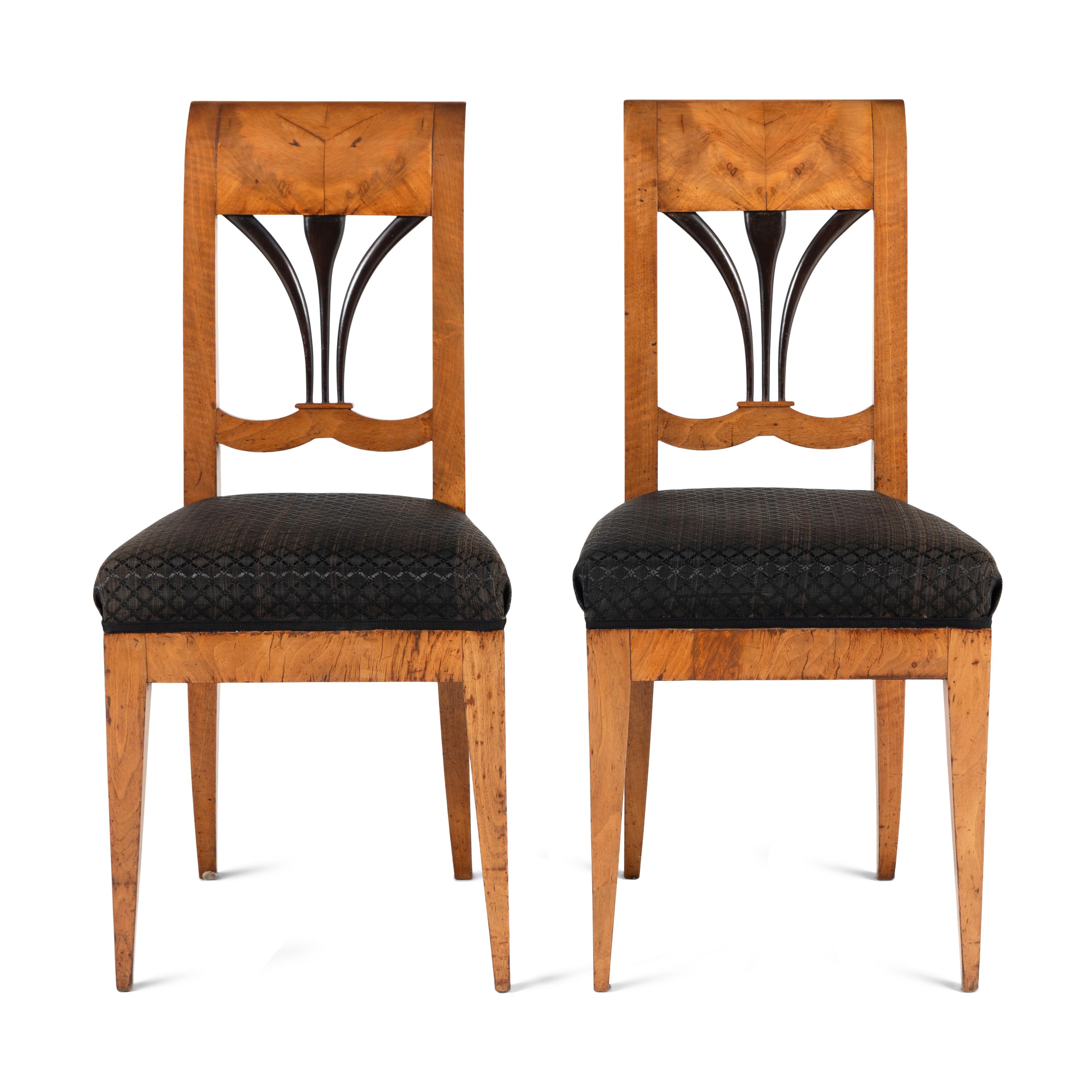 A Pair of Biedermeier Part Ebonized Burl Walnut Side Chairs