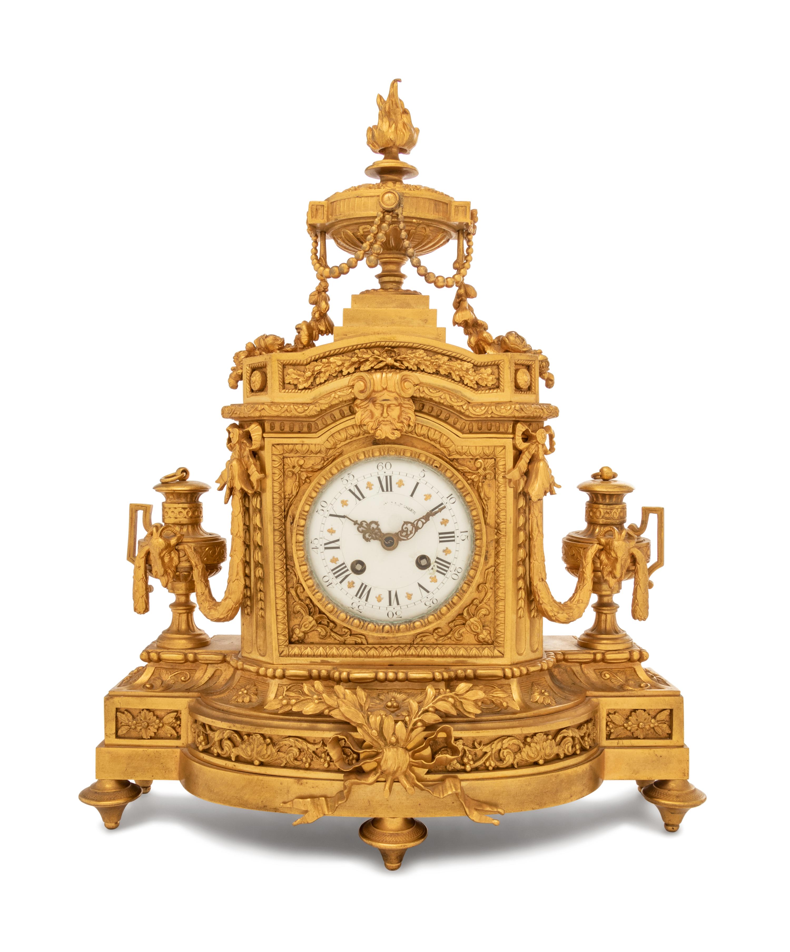 A Louis XVI Style Gilt Bronze Mantel Clock