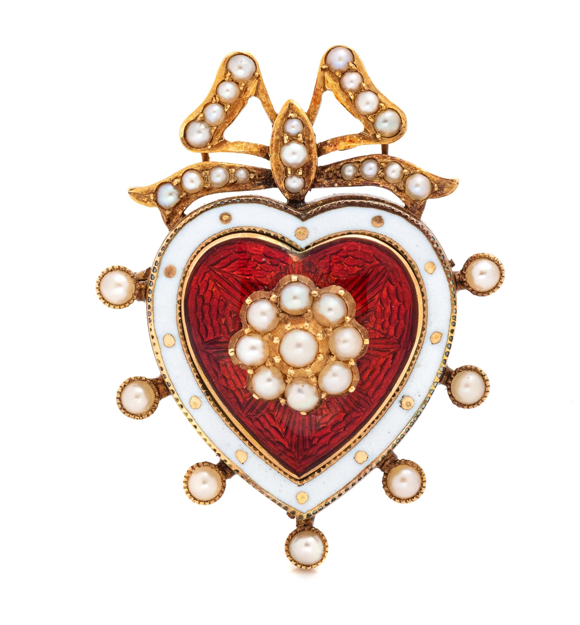 A Victorian Yellow Gold, Pearl and Enamel Heart Brooch,