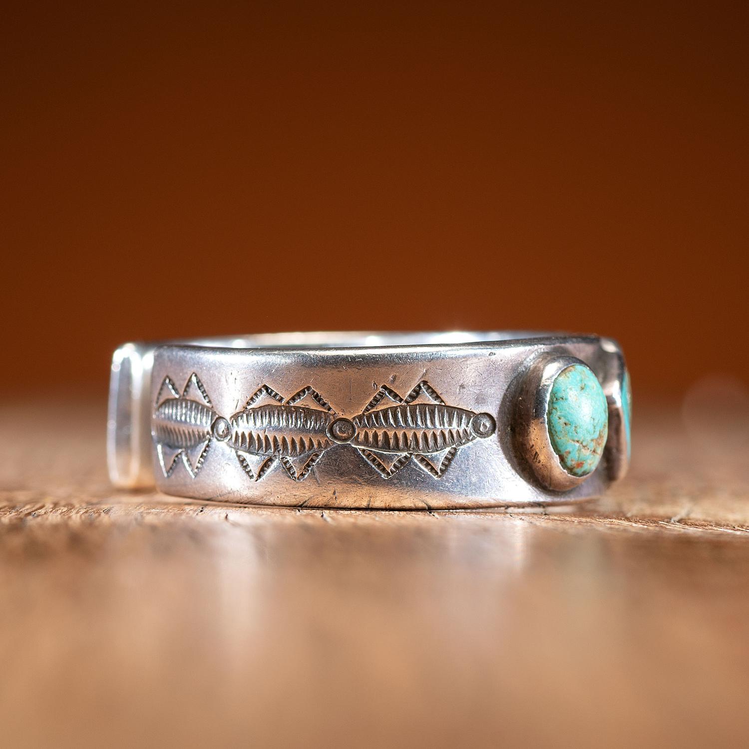 Early Navajo Stamped Ingot and Turquoise Cuff Bracelet
