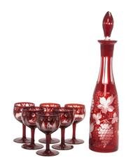 A Bohemian Ruby Cut to Clear Glass Decanter Set Height of first 15 3/4 inches.