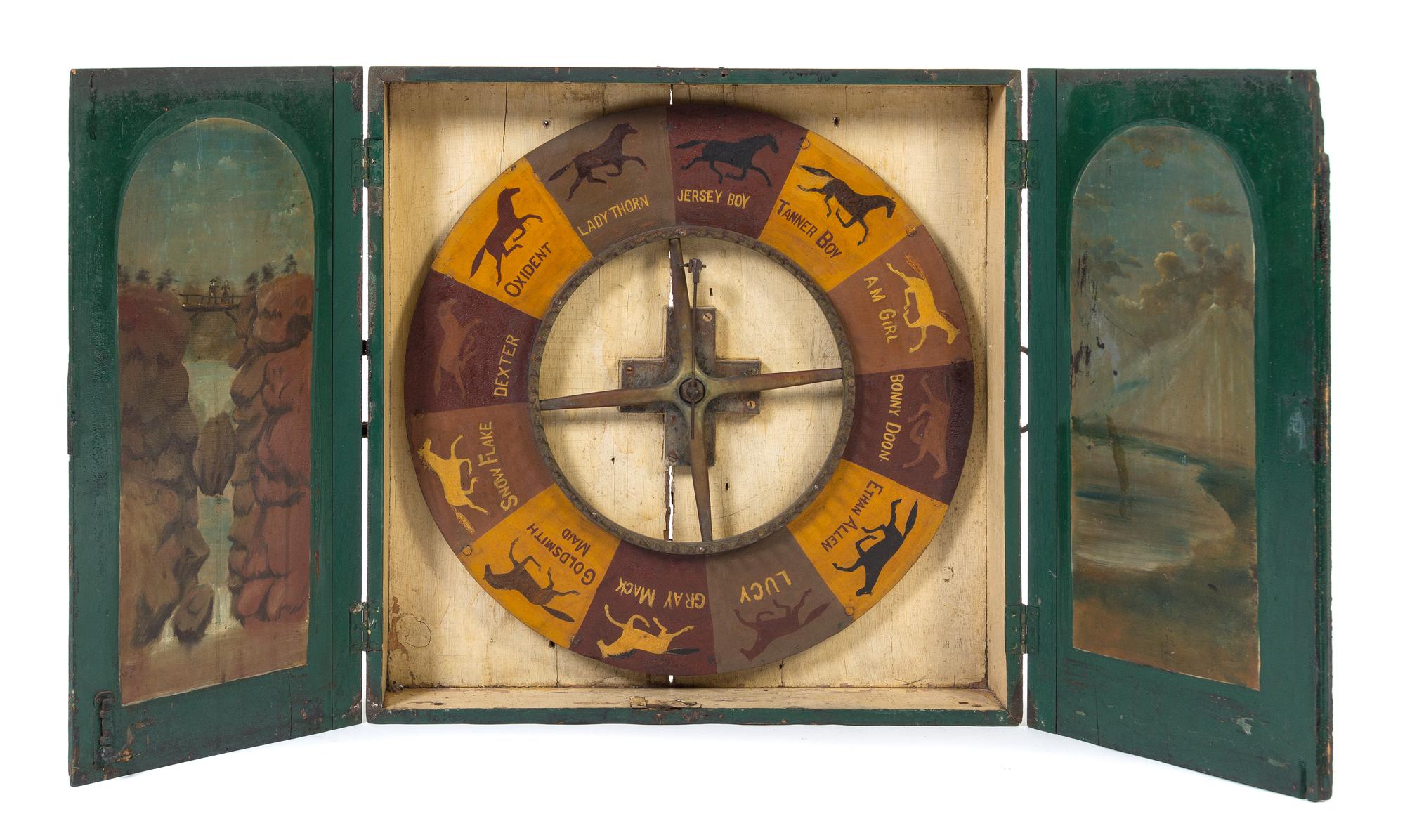 An American Folk Art Horse Racing Game Height of case 27 1/4 x width 27 1/4 inches.