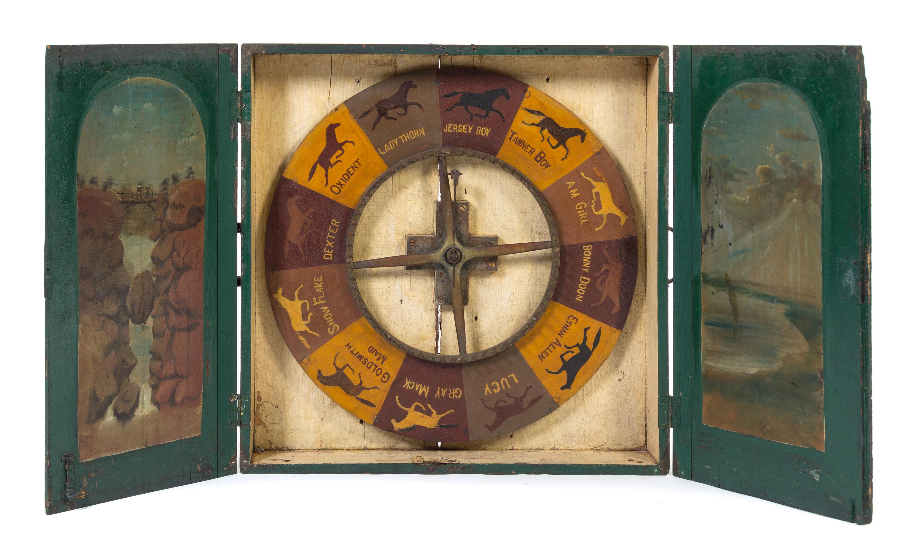An American Folk Art Horse Racing Game Height of case 27 1/4 x width 27 1/4 inches.