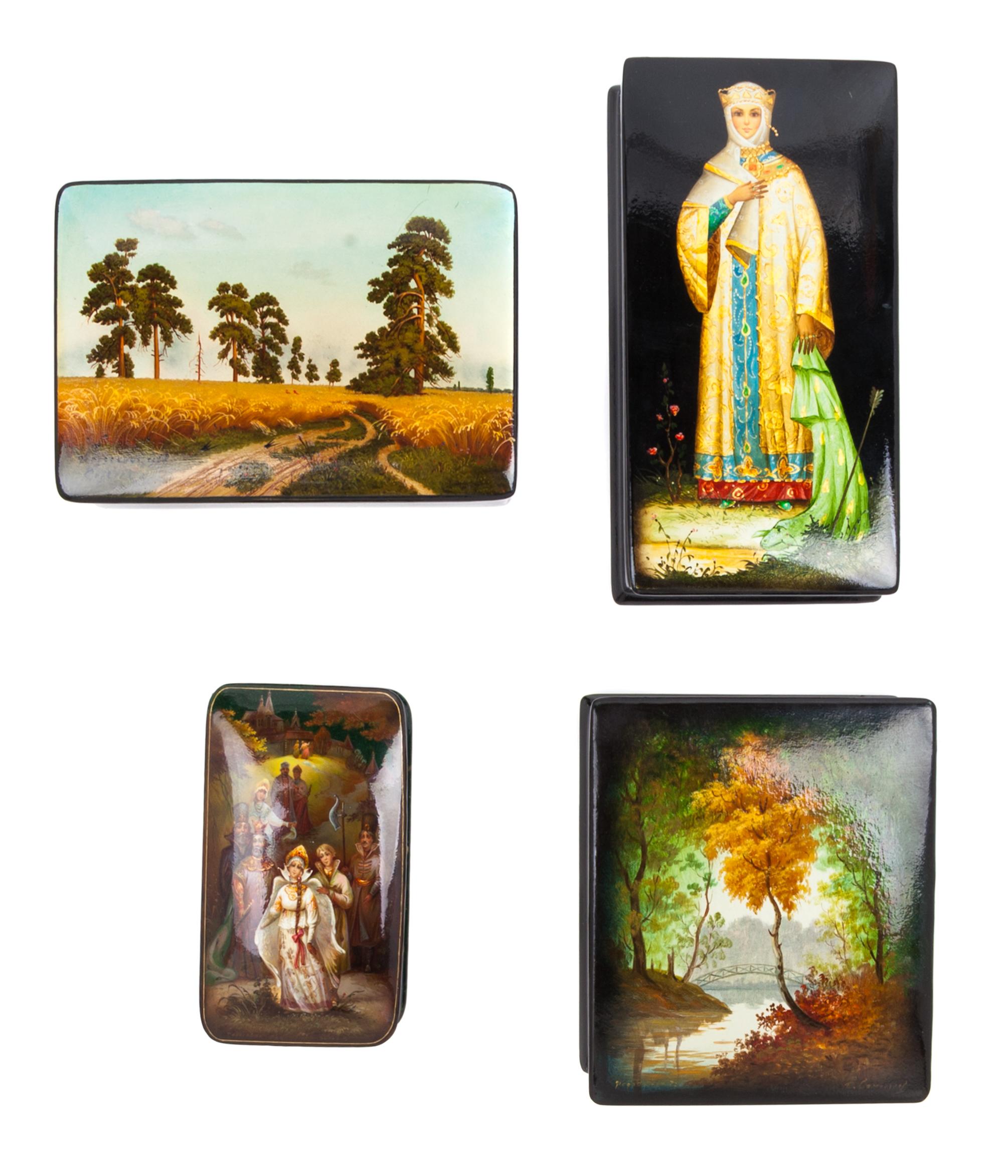 A Group of Four Russian Lacquered Boxes Width of first 5 1/4 inches. — 20TH CENTURY