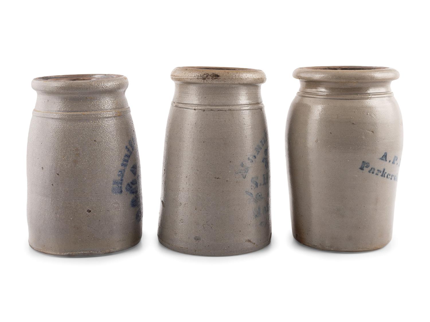 Three Cobalt-Decorated Stoneware Canning Jars