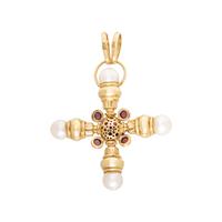 CULTURED PEARL, TOURMALINE, AND YELLOW GOLD CROSS PENDANT