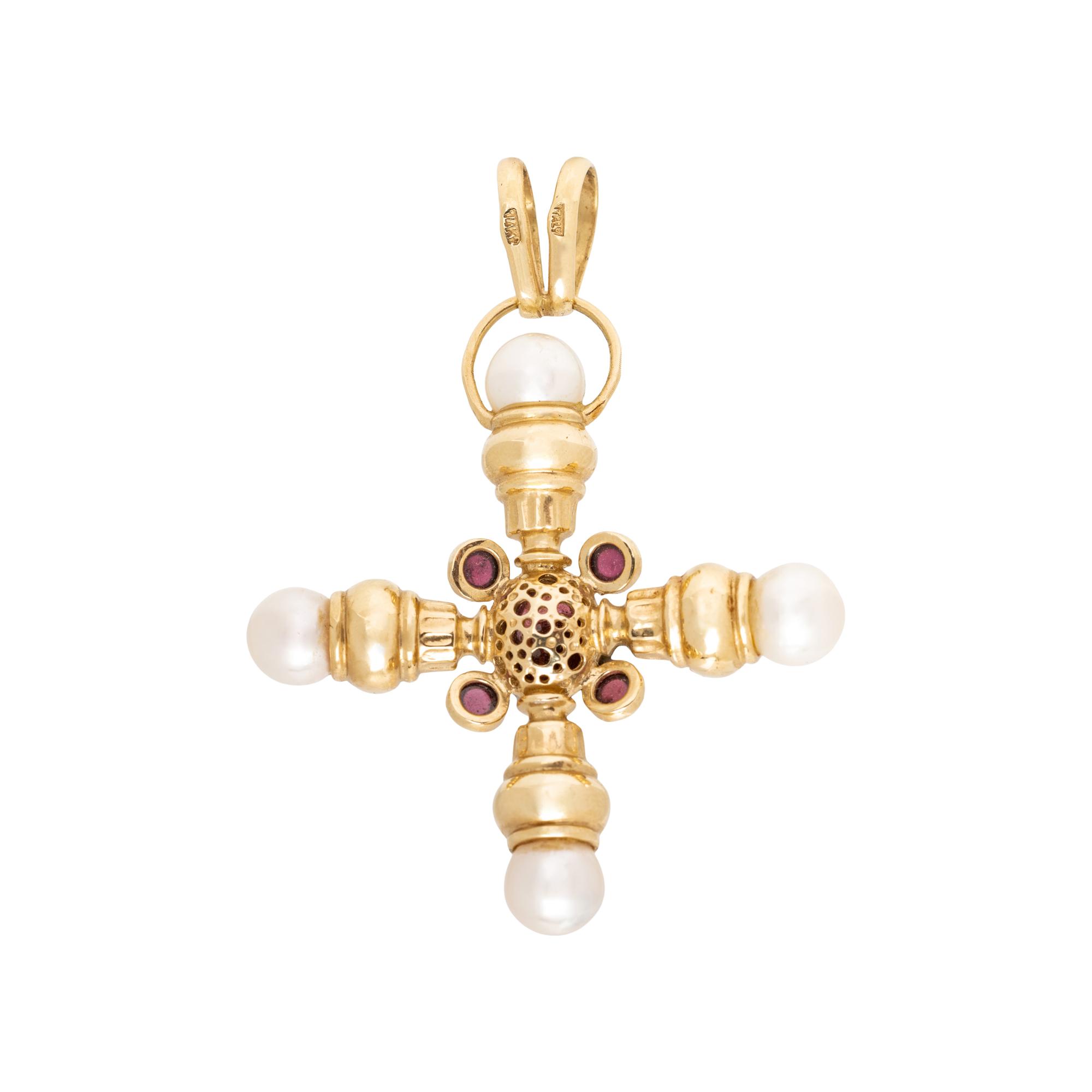 CULTURED PEARL, TOURMALINE, AND YELLOW GOLD CROSS PENDANT