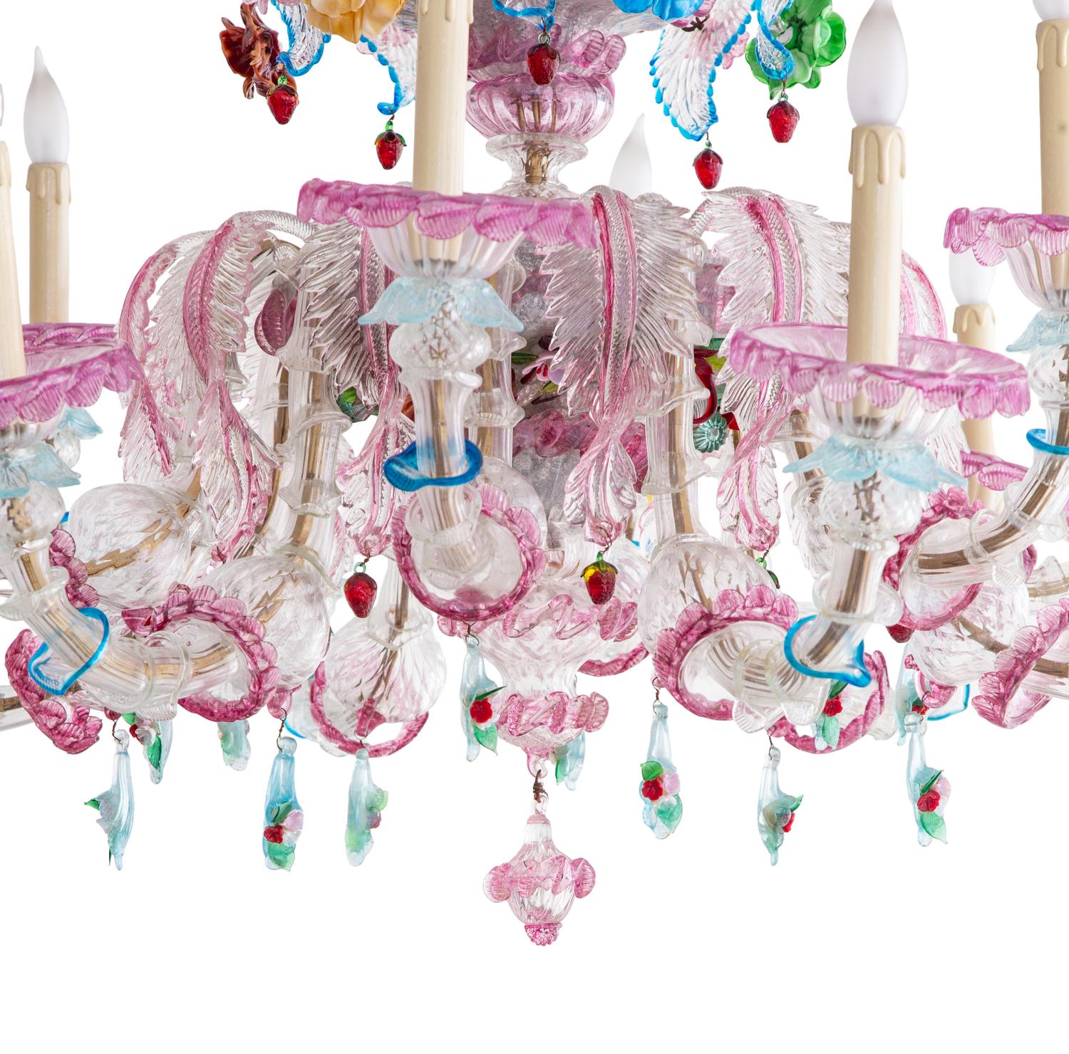 A Murano Colored Glass Twelve-Light Chandelier